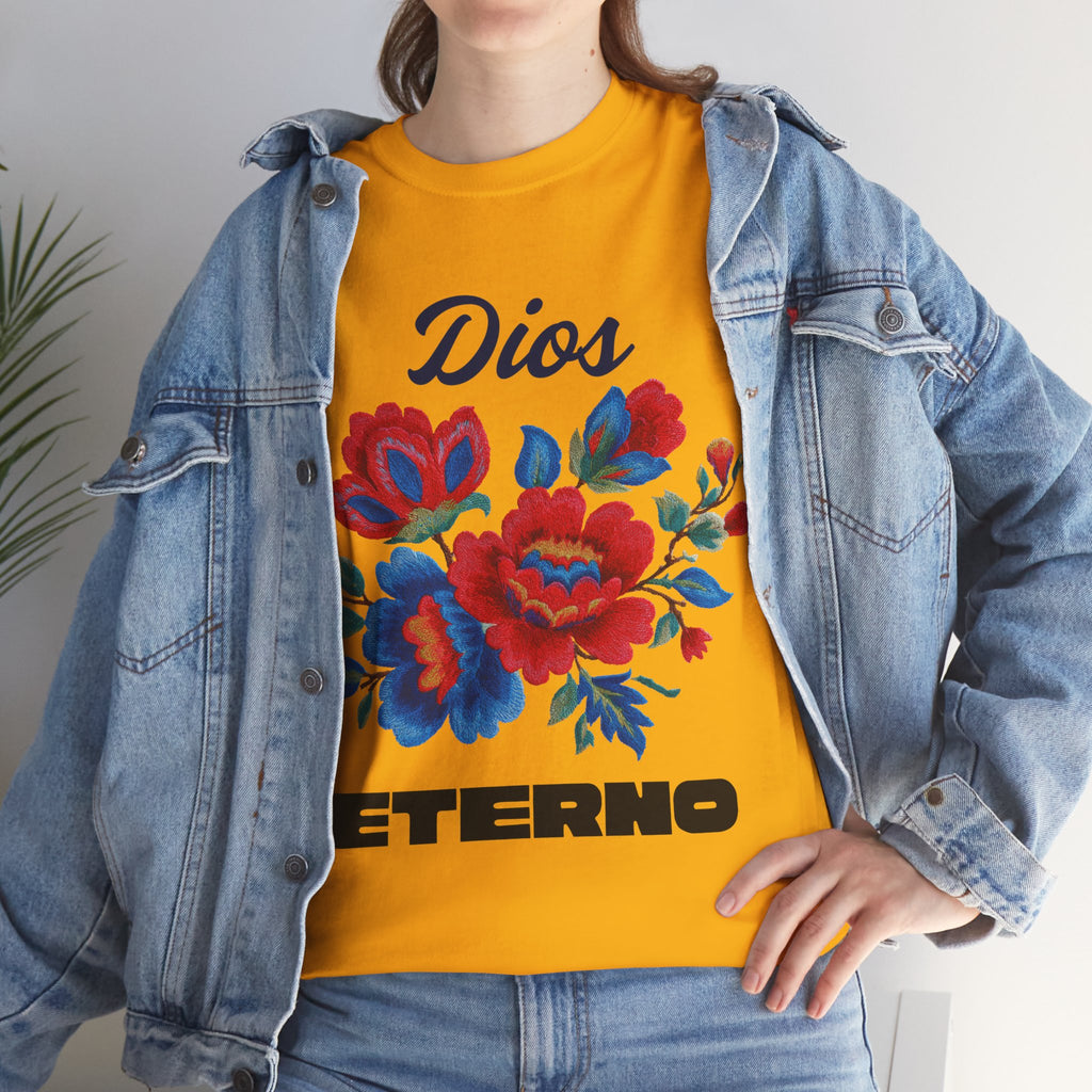 Dios Eterno Floral T-Shirt — Spanish Faith Tee with Red & Blue Blooms