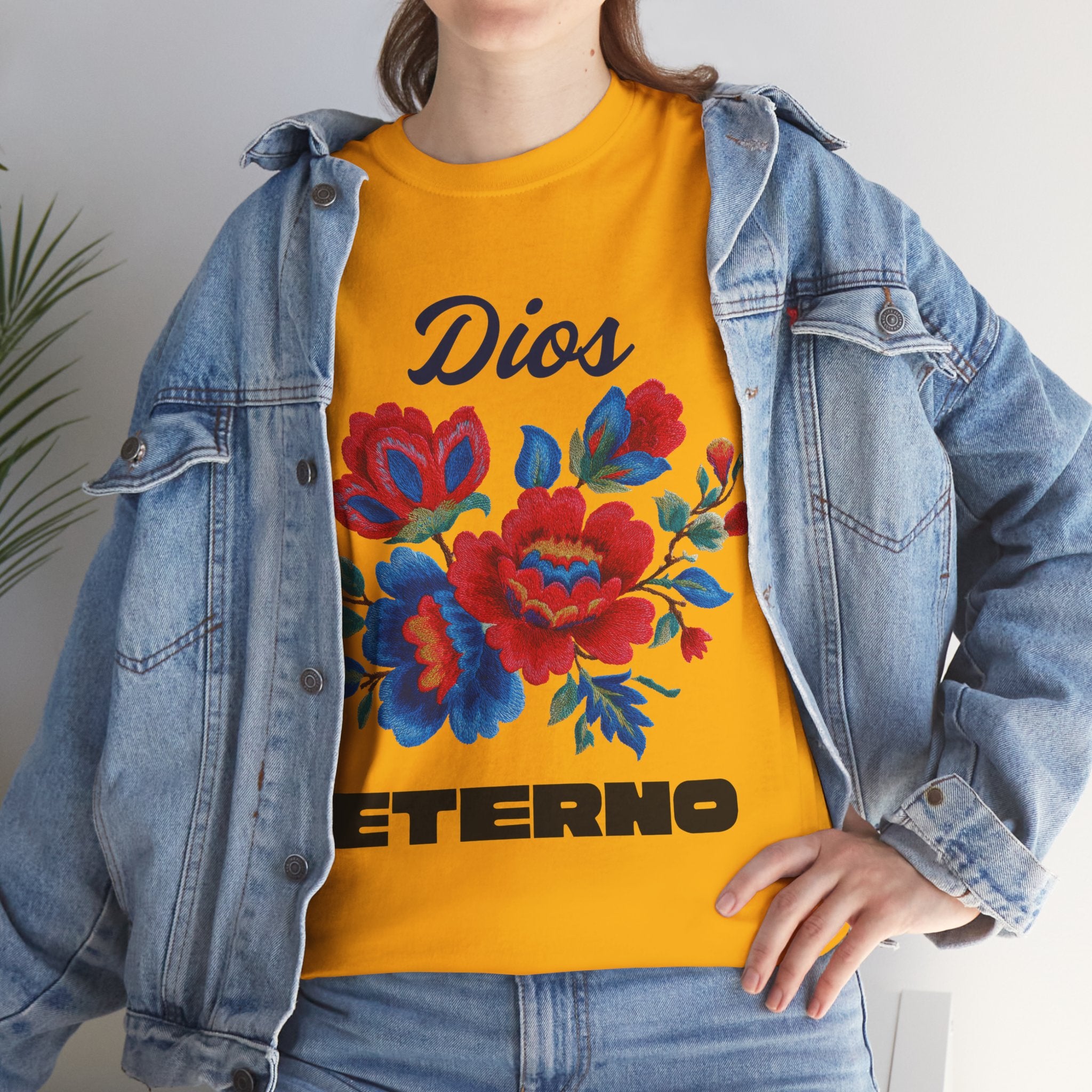 Dios Eterno Floral T-Shirt — Spanish Faith Tee with Red & Blue Blooms