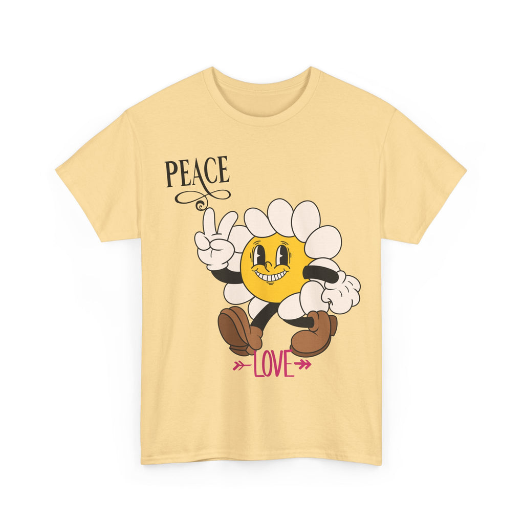 Peace & Love Daisy Character T-Shirt — Retro Smiley Flower Tee