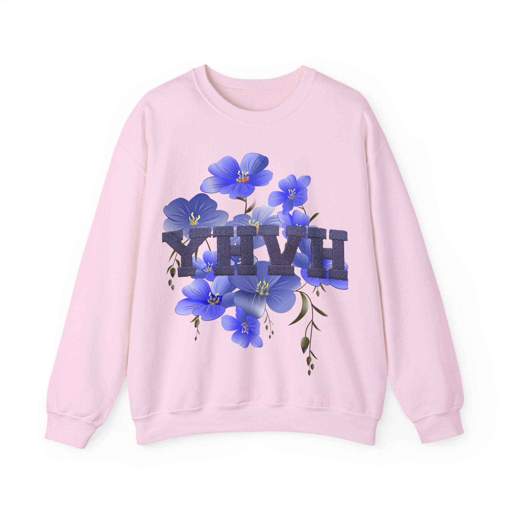 Crewneck Sweatshirt - Blue Violet Floral Graphic with 'KHVH' Lettering