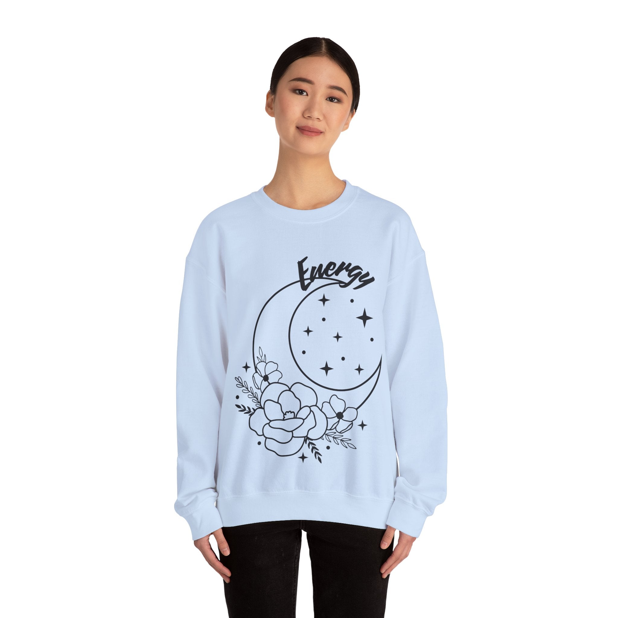 Celestial Energy Sweatshirt, Moon and Flowers Crewneck, Cozy Unisex Top, Astrology Gift, Spiritual Apparel, Birthday Gift, Everyday Wear