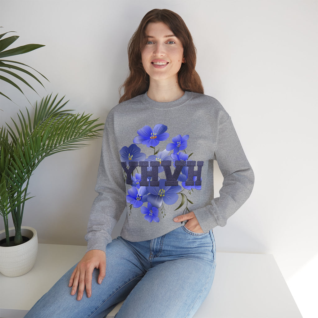 Crewneck Sweatshirt - Blue Violet Floral Graphic with 'KHVH' Lettering