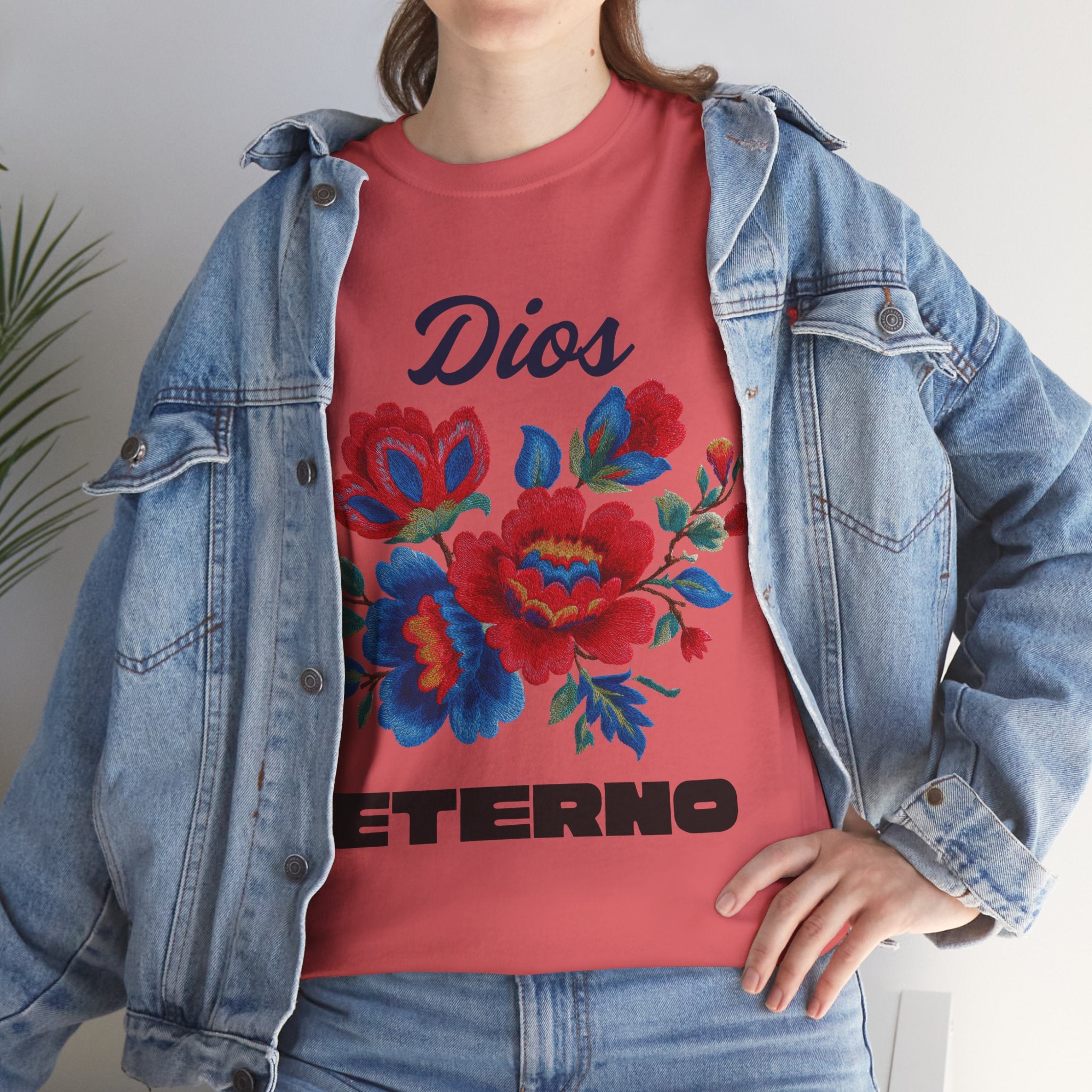 Dios Eterno Floral T-Shirt — Spanish Faith Tee with Red & Blue Blooms