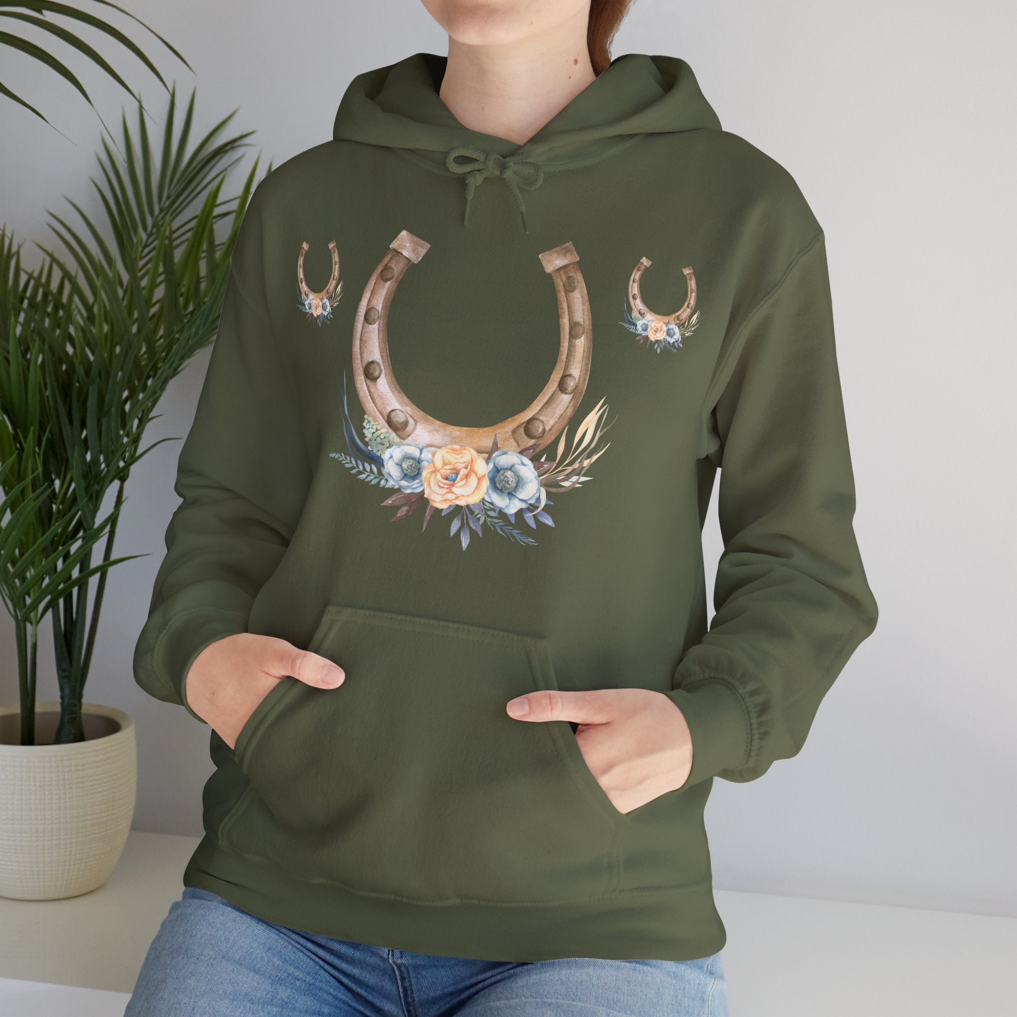 Equestrian Floral Horseshoe Hoodie, Cozy Unisex Sweatshirt, Gifts for Horse Lovers, Country Style Apparel, Birthday Gift, Festival Wear