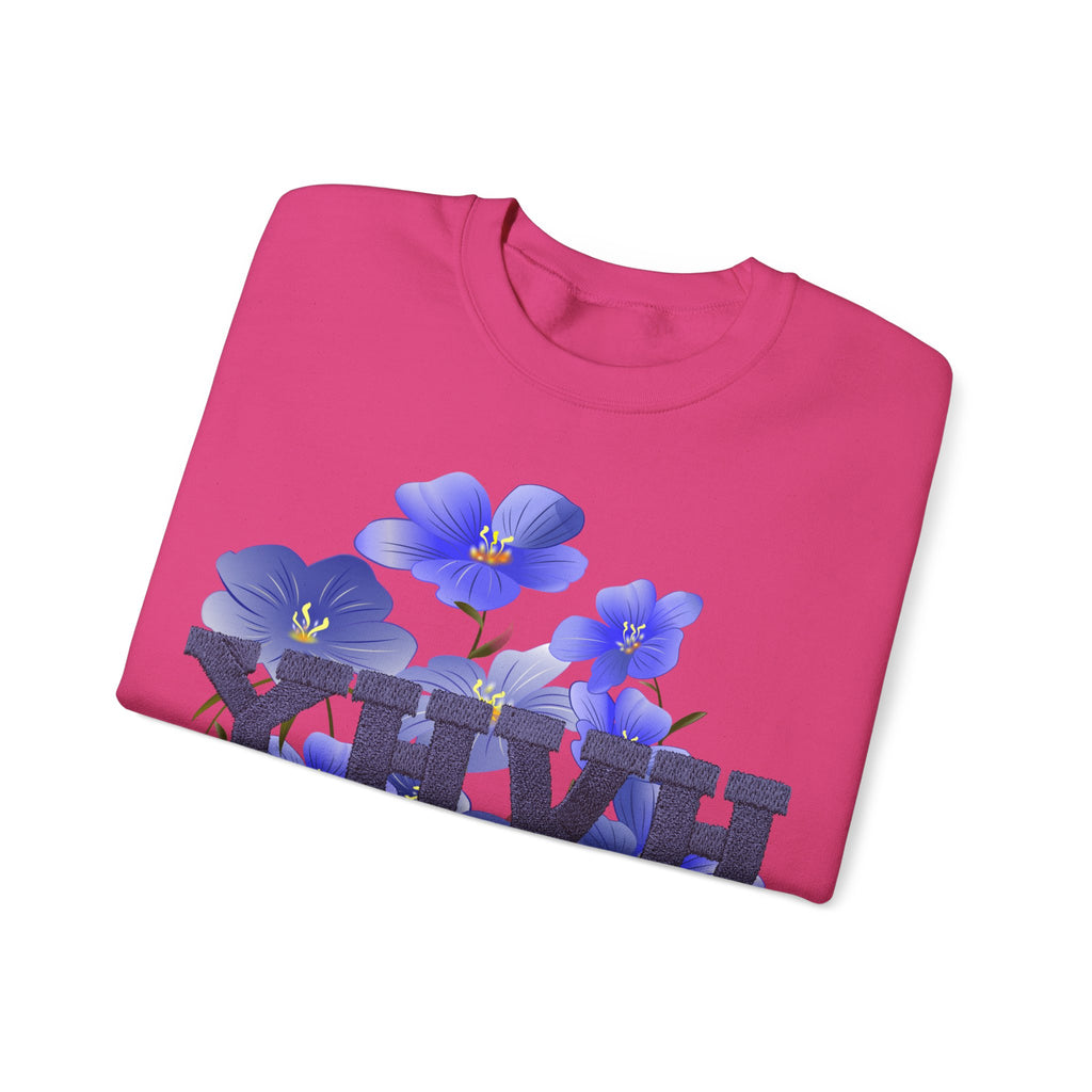 Crewneck Sweatshirt - Blue Violet Floral Graphic with 'KHVH' Lettering