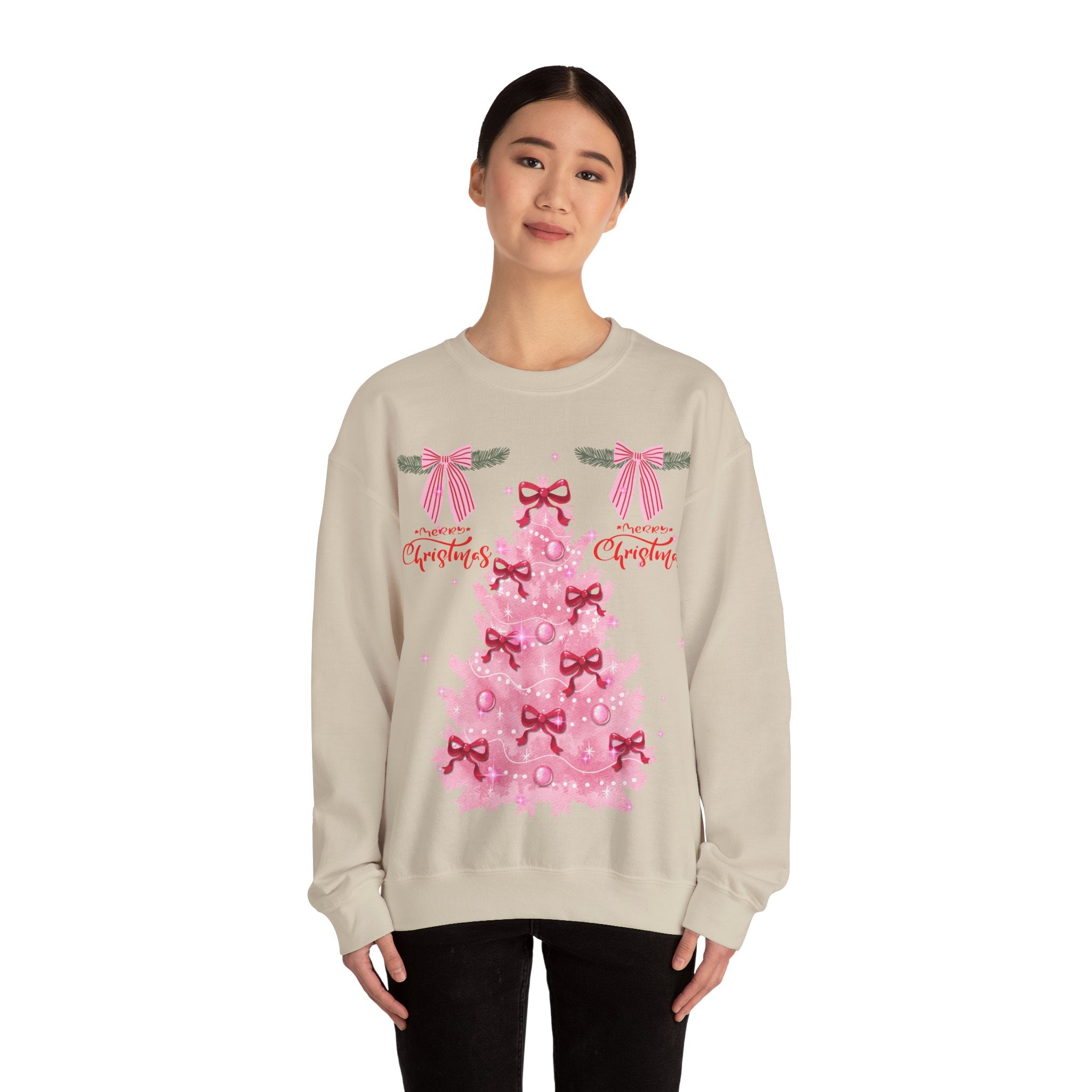 Pink Christmas Tree Sweatshirt — 'Merry Christmas' Bow Holiday Crewneck