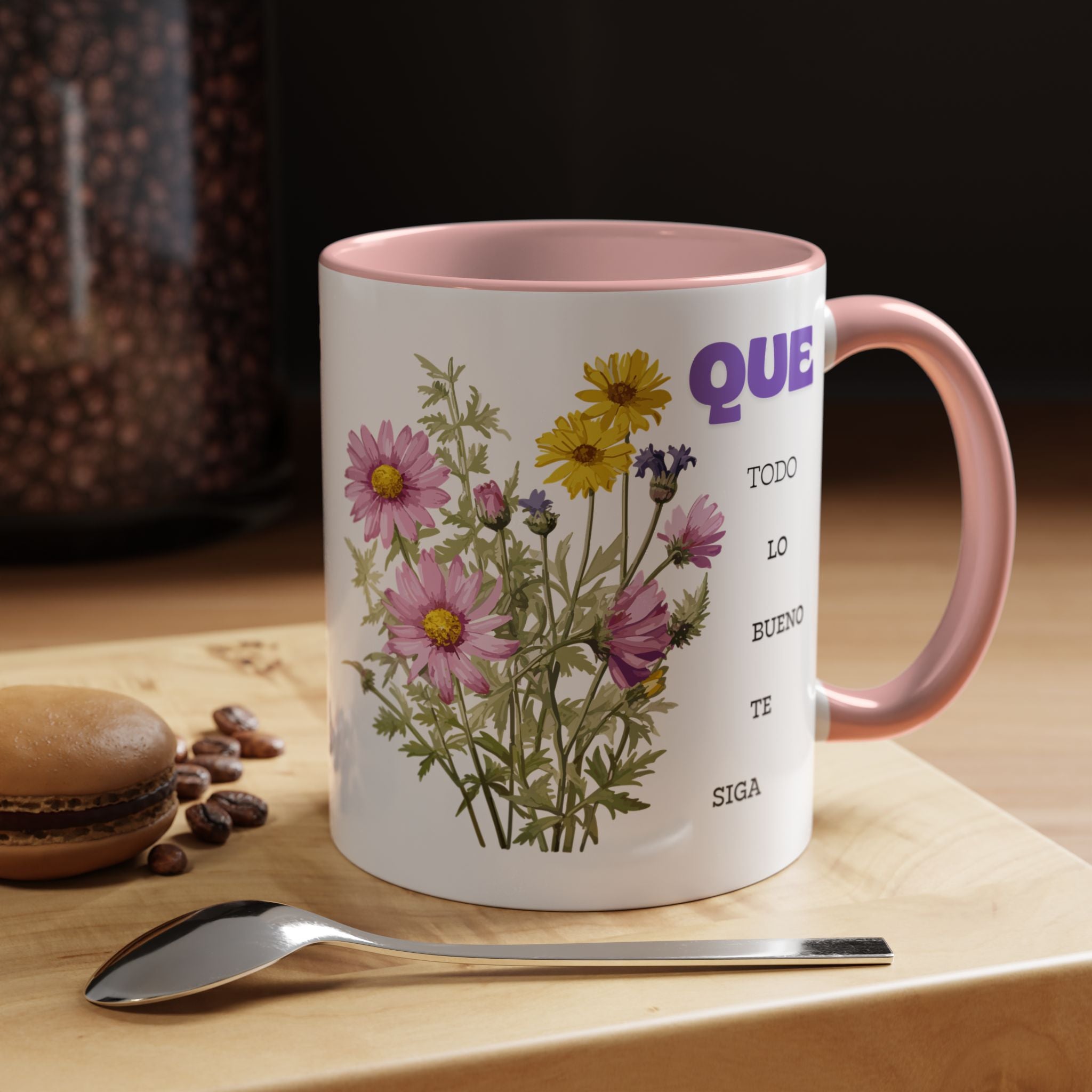 Inspirational Spanish Floral Coffee Mug — "Que todo lo bueno te siga" Accent Mug (11/15oz)