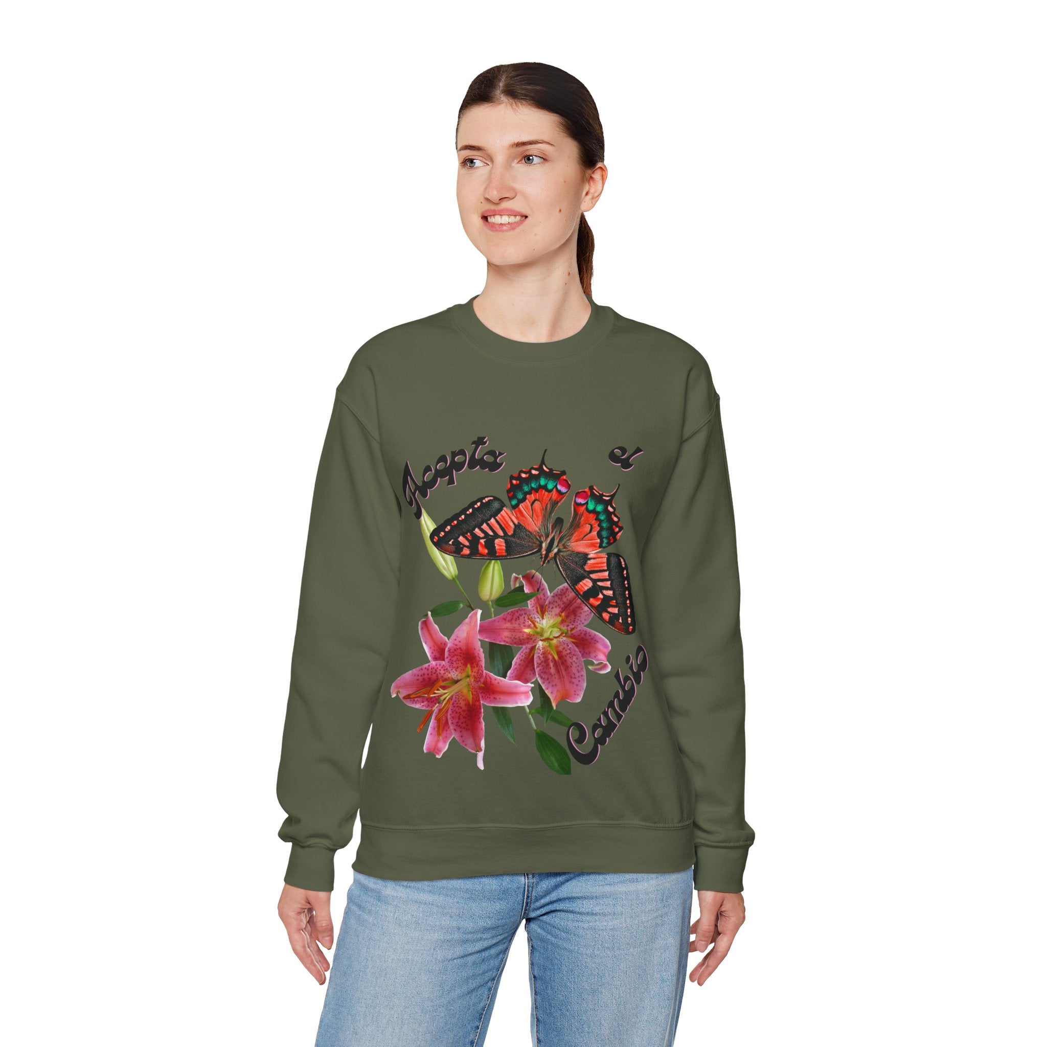 Butterfly & Floral Crewneck Sweatshirt - Accepta el Cambio, Cozy Fall Sweater, Gift for Nature Lovers, Inspirational Apparel, Unisex Fashion