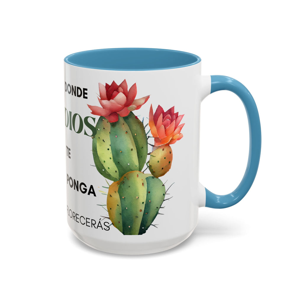 Cactus Floral Accent Coffee Mug – ‘Donde Dios Te Ponga Florecerás’ Spanish Inspirational Mug