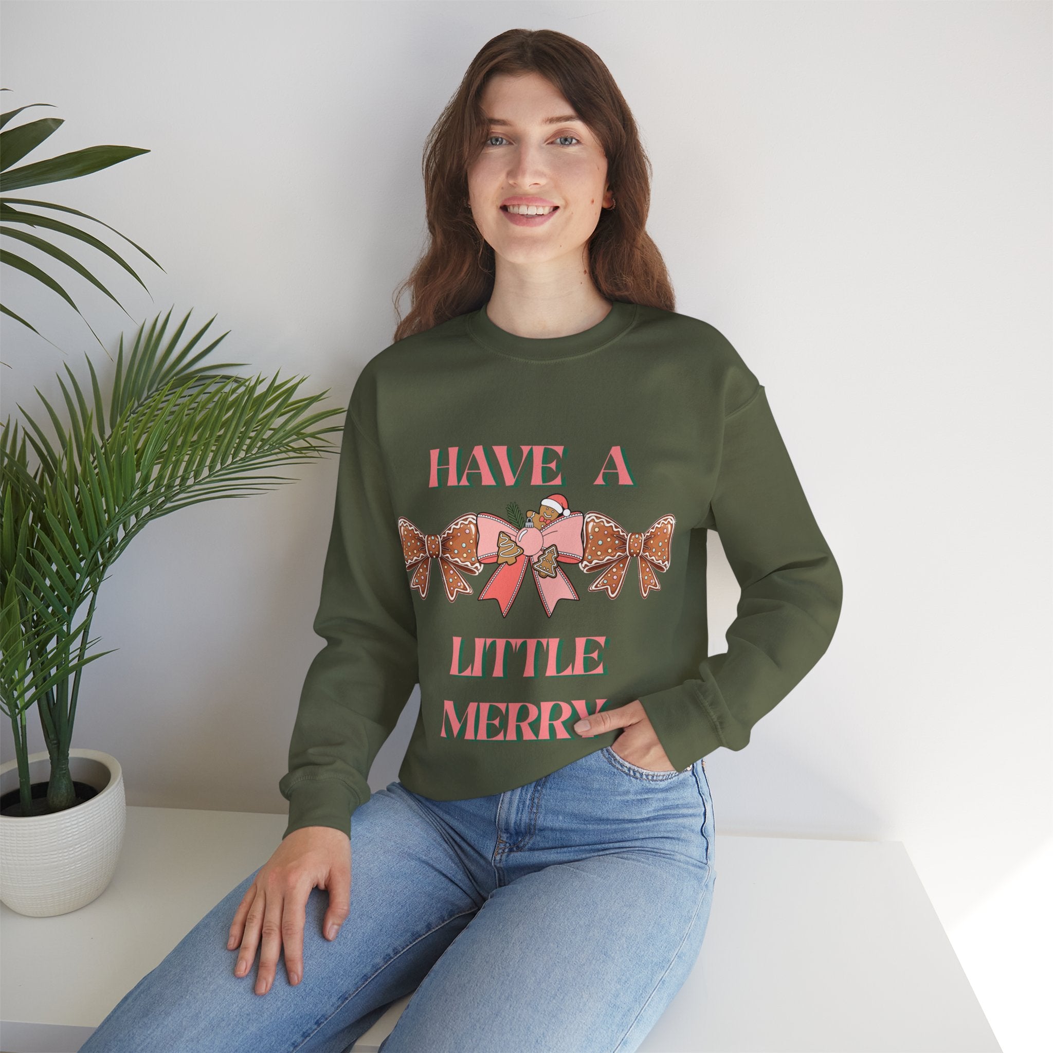 Have a Little Merry Crewneck Sweatshirt — Pink Holiday Bow Christmas Sweater