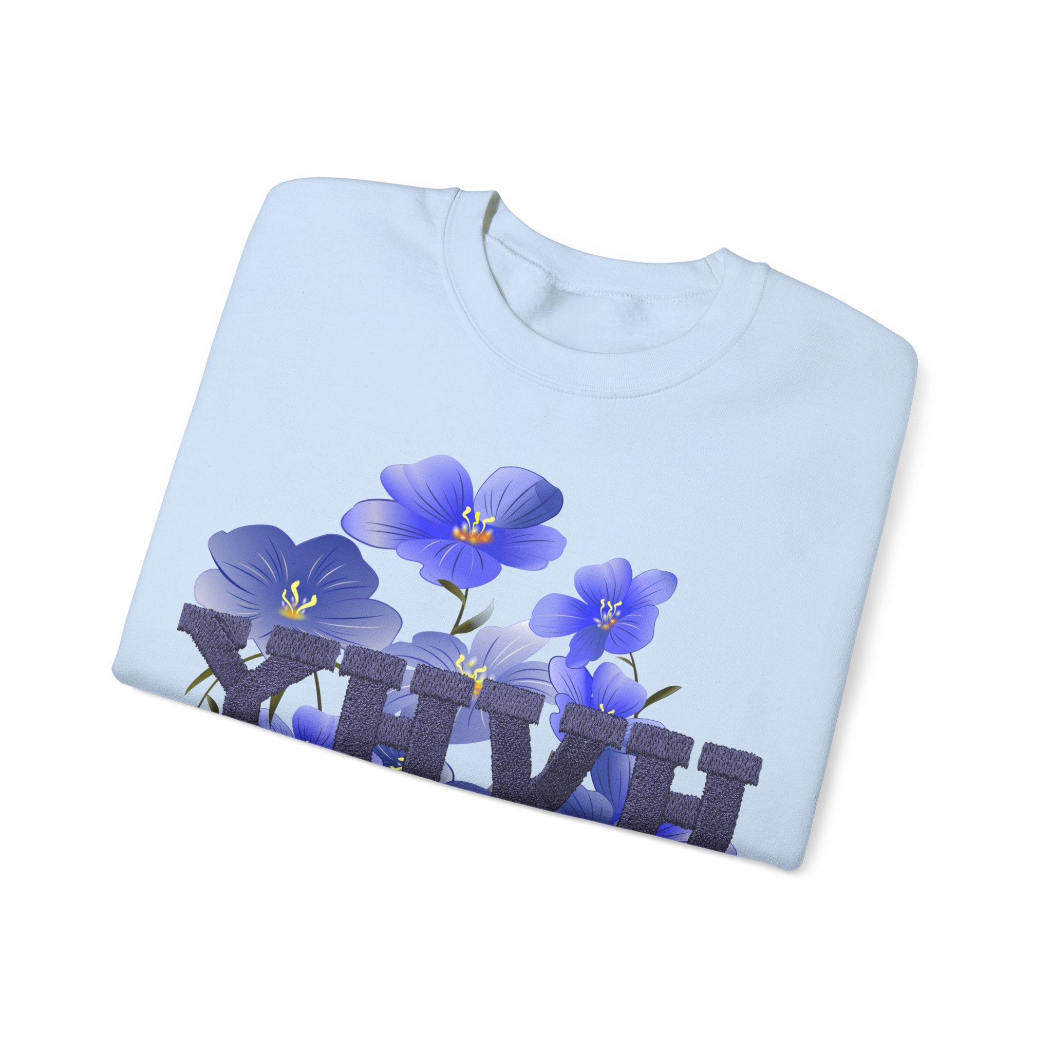 Crewneck Sweatshirt - Blue Violet Floral Graphic with 'KHVH' Lettering