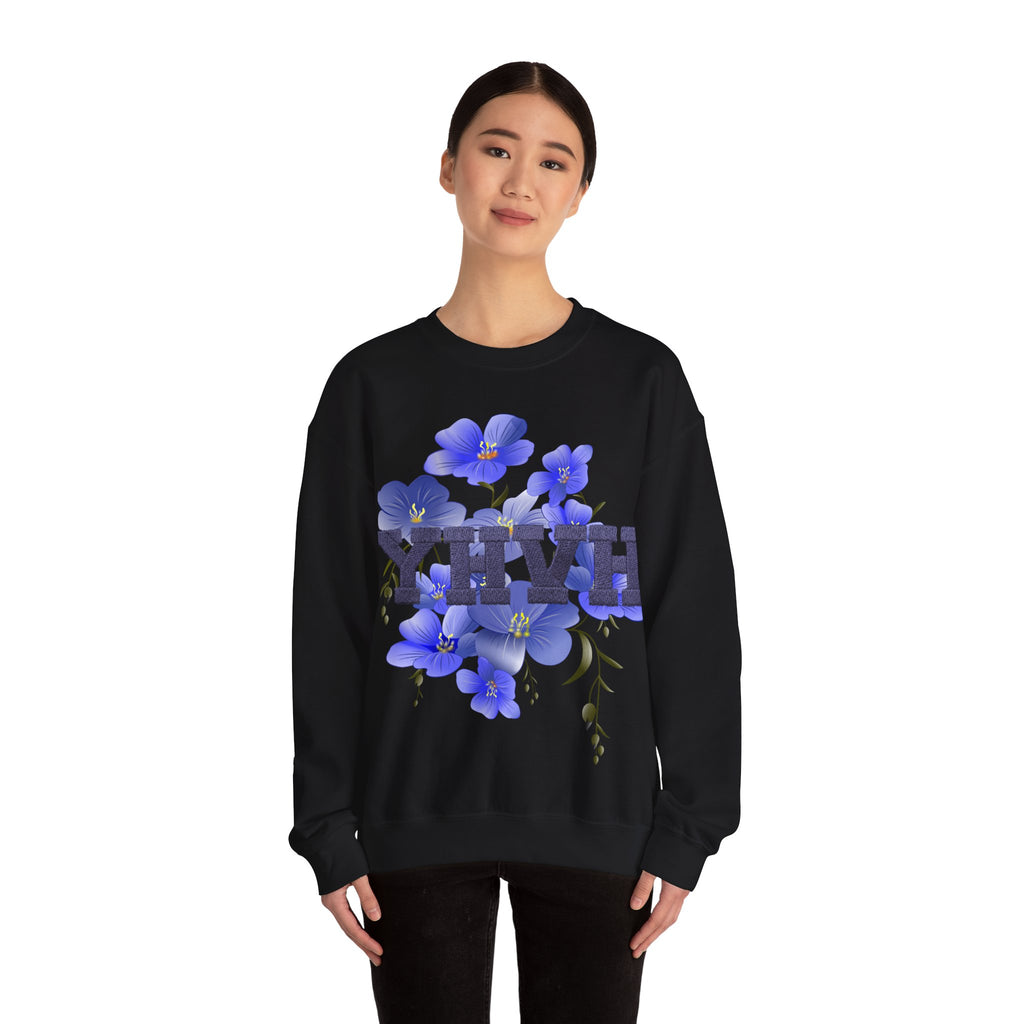 Crewneck Sweatshirt - Blue Violet Floral Graphic with 'KHVH' Lettering