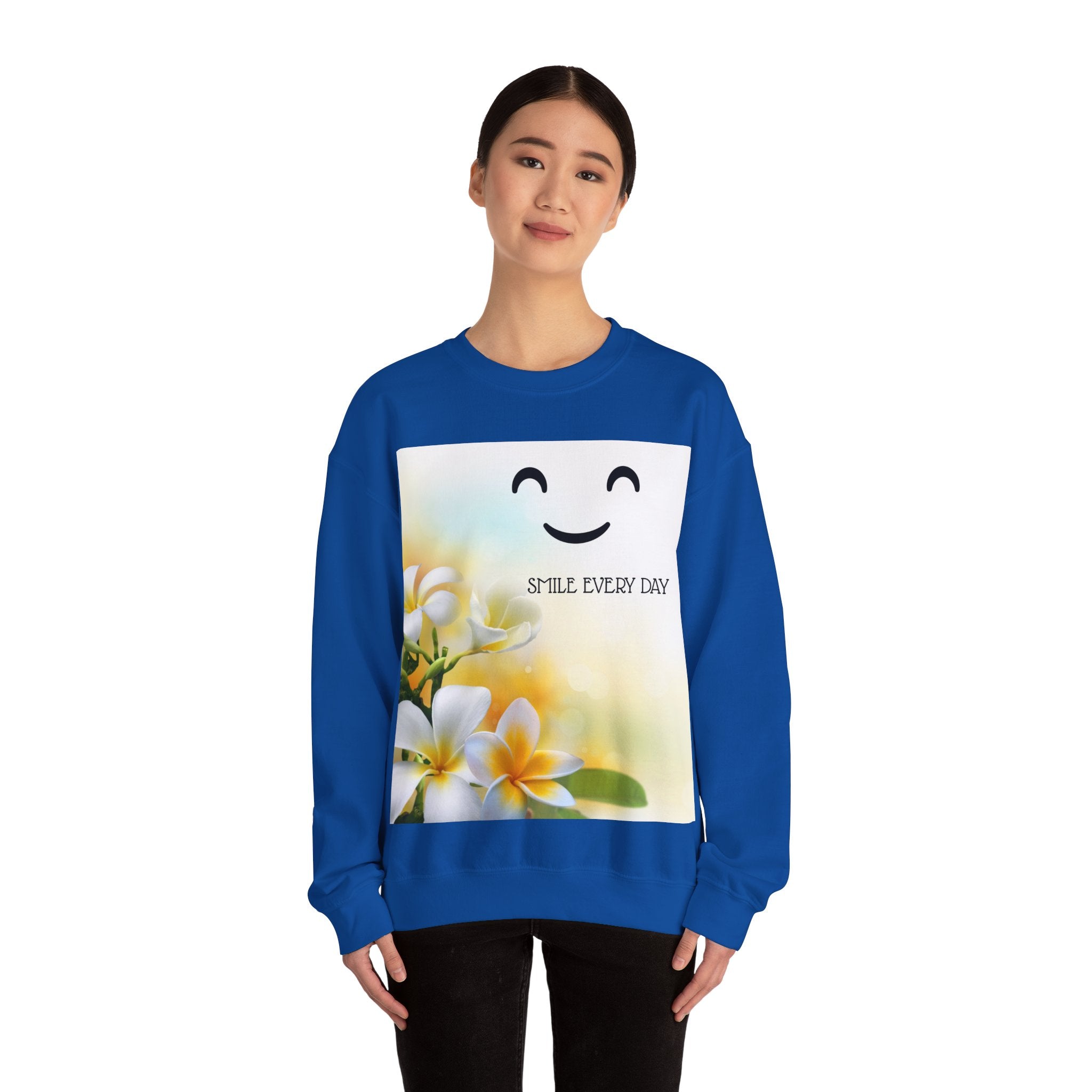 Smile Every Day Crewneck Sweatshirt — Floral Plumeria Happy Face Graphic
