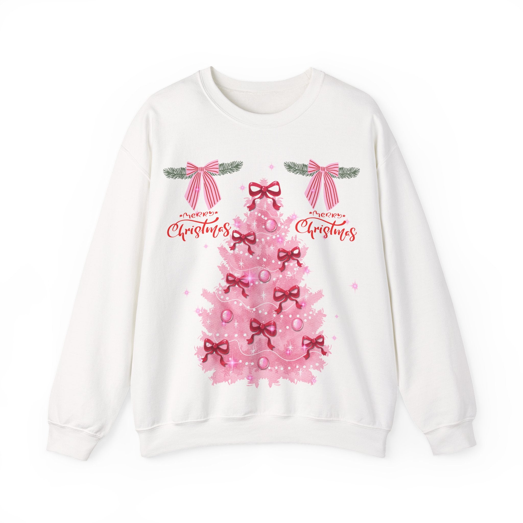 Pink Christmas Tree Sweatshirt — 'Merry Christmas' Bow Holiday Crewneck