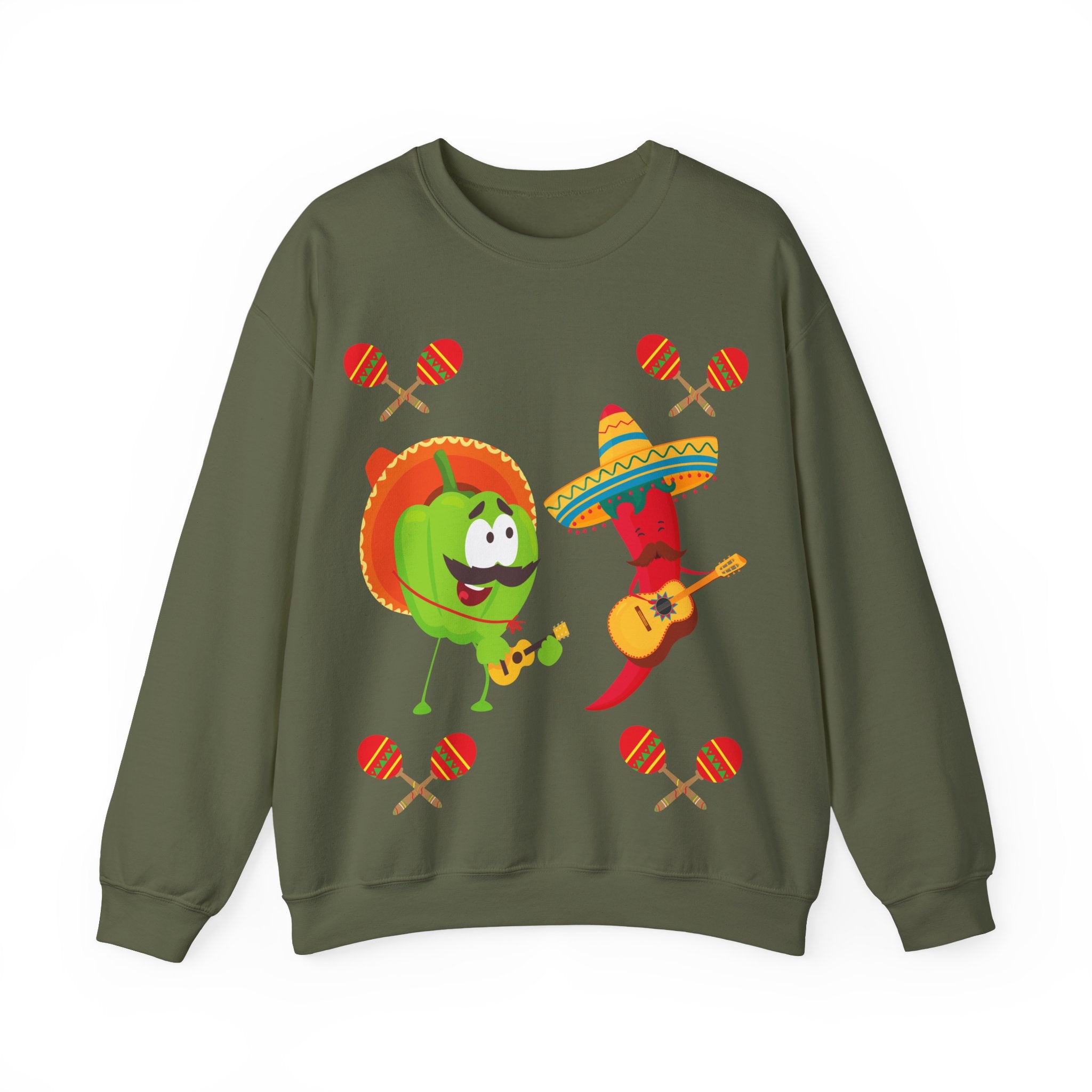 Fiesta Friends Sweatshirt — Cute Chili & Avocado with Sombreros, Maracas & Guitar