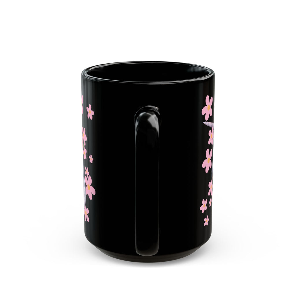 Unicorn Floral Mug — Black Ceramic Coffee Cup with Pink Flowers (11oz, 15oz)