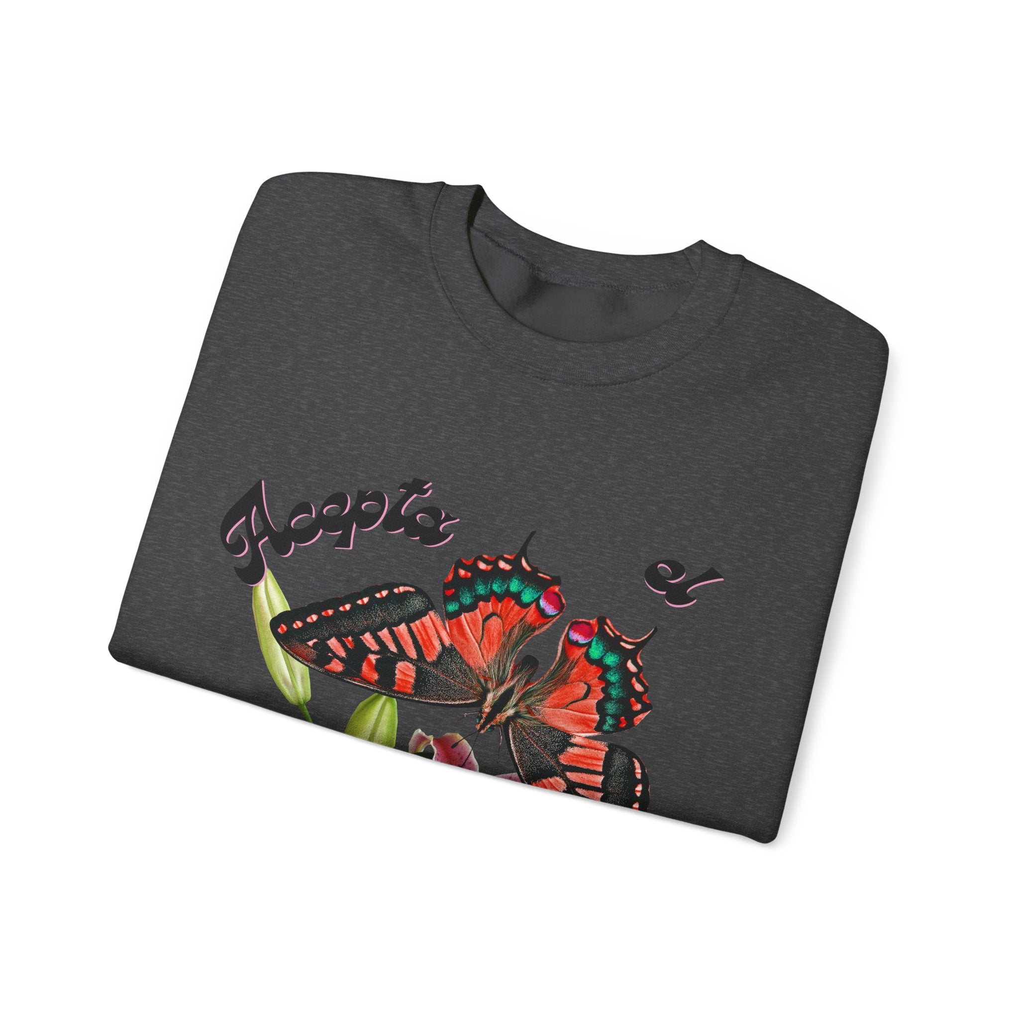 Butterfly & Floral Crewneck Sweatshirt - Accepta el Cambio, Cozy Fall Sweater, Gift for Nature Lovers, Inspirational Apparel, Unisex Fashion