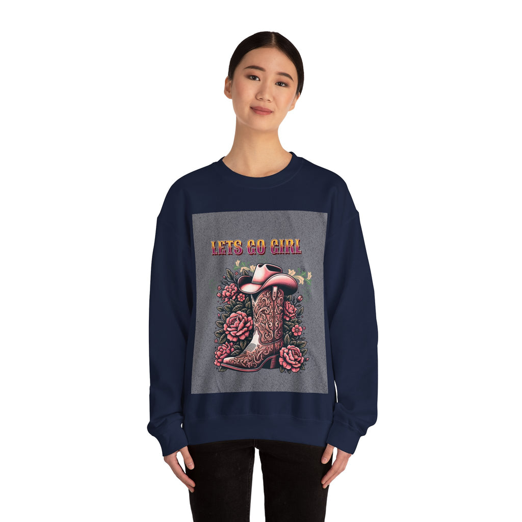 Cowgirl Boots Sweatshirt, Let’s Go Girl Crewneck, Western Style Apparel, Cozy Gift for Her, Trendy Graphic Sweatshirt
