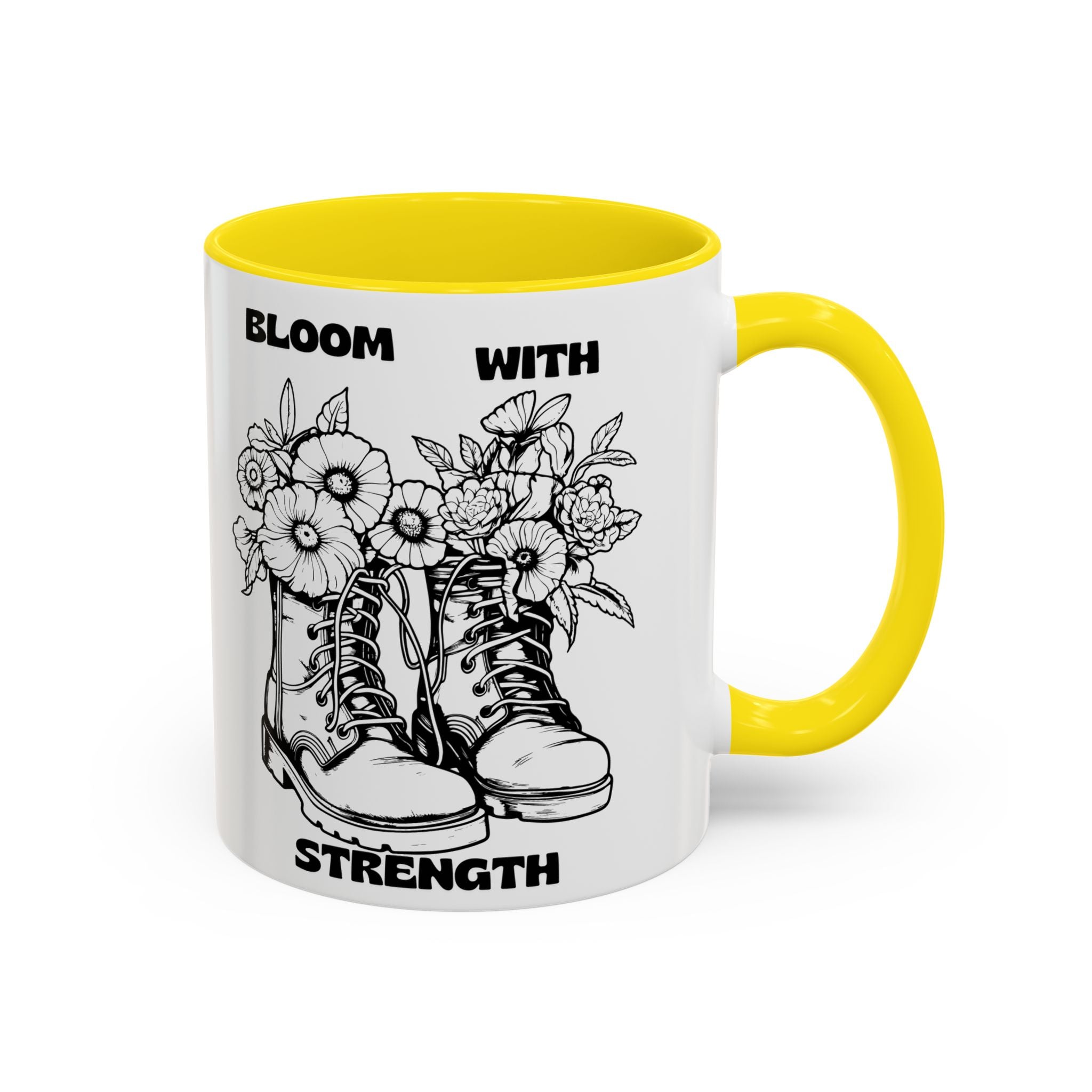 Bloom With Strength Coffee Mug — Floral Boots Inspirational Accent Mug (11/15oz)