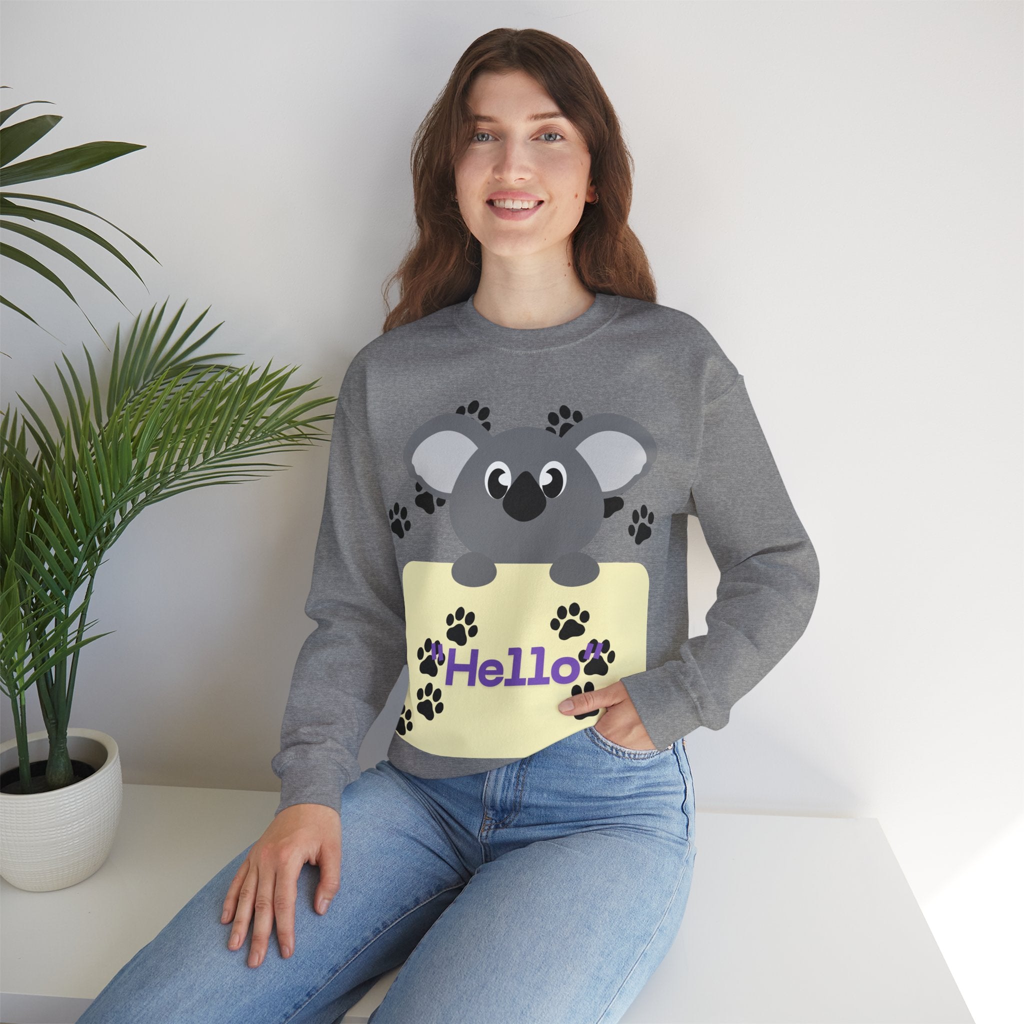 Cute Koala Hello Sweatshirt, Unisex Cozy Crewneck, Pet Lover Gift, Animal Lover Apparel, Fun Casual Wear, Cute Graphic Sweater