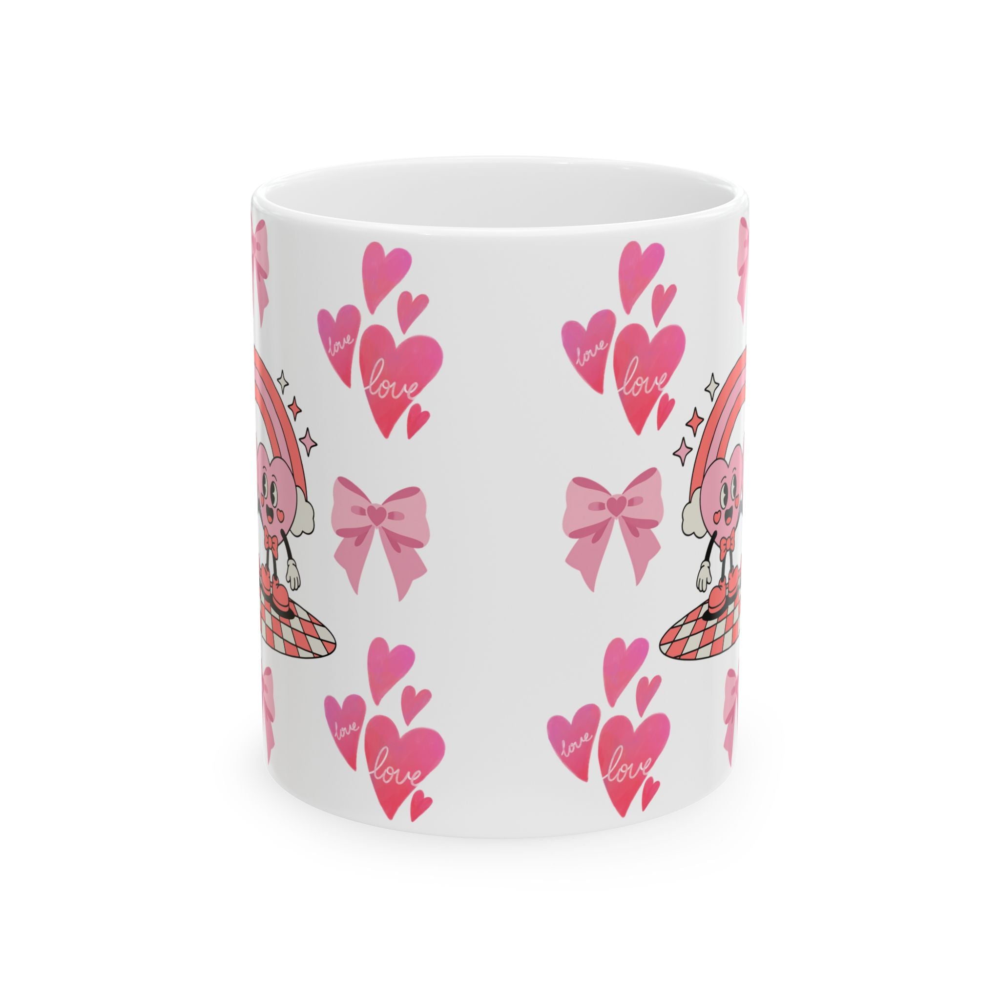 Valentine’s Pink Heart & Bow Ceramic Mug — Cute Love Pattern (11oz & 15oz)