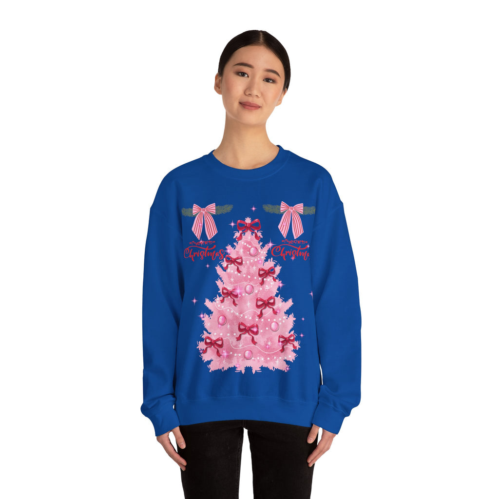 Pink Christmas Tree Sweatshirt — 'Merry Christmas' Bow Holiday Crewneck