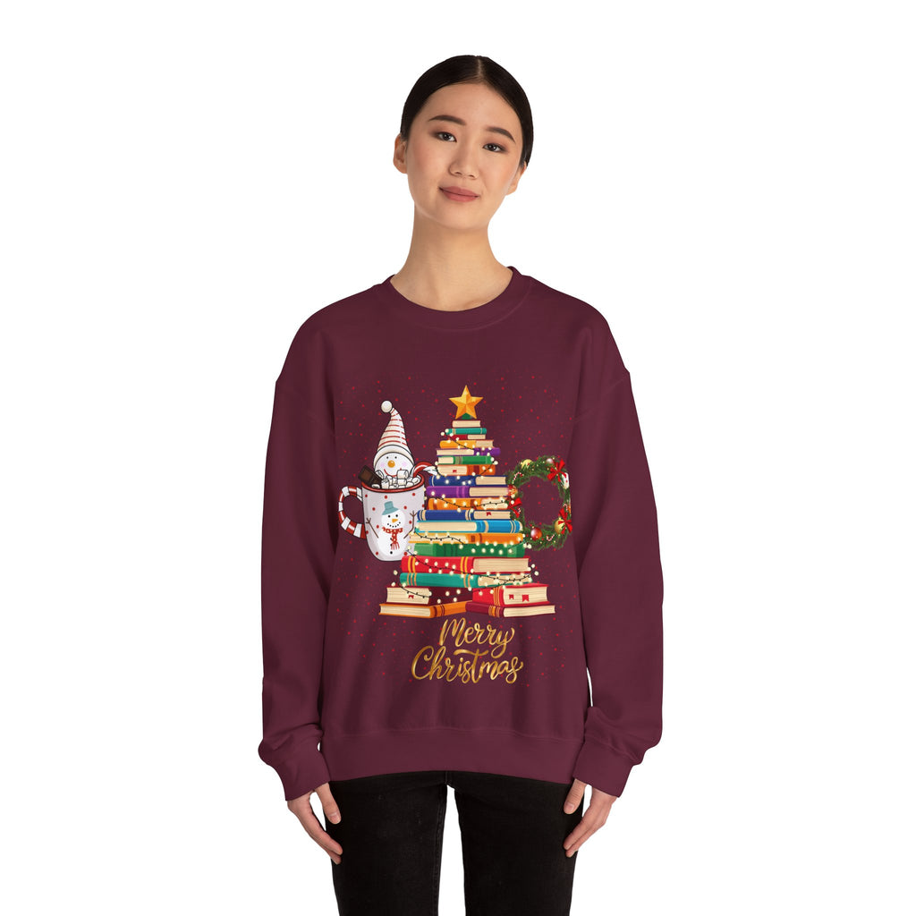 Merry Christmas Book Tree & Cat Crewneck Sweatshirt