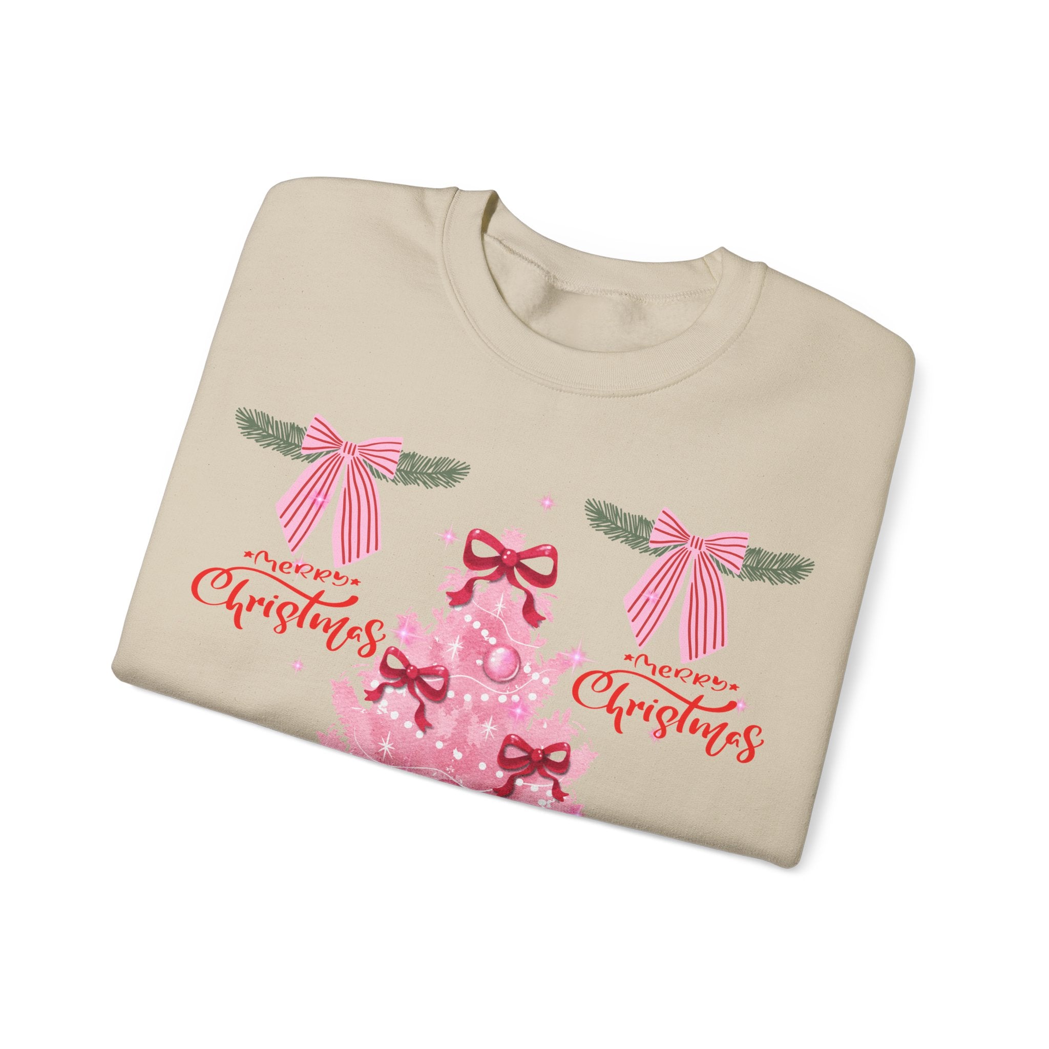 Pink Christmas Tree Sweatshirt — 'Merry Christmas' Bow Holiday Crewneck