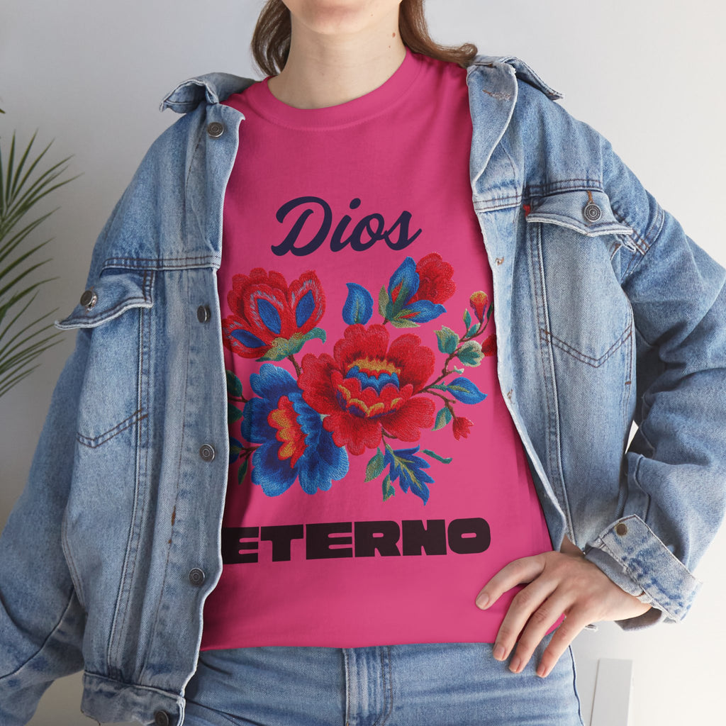 Dios Eterno Floral T-Shirt — Spanish Faith Tee with Red & Blue Blooms