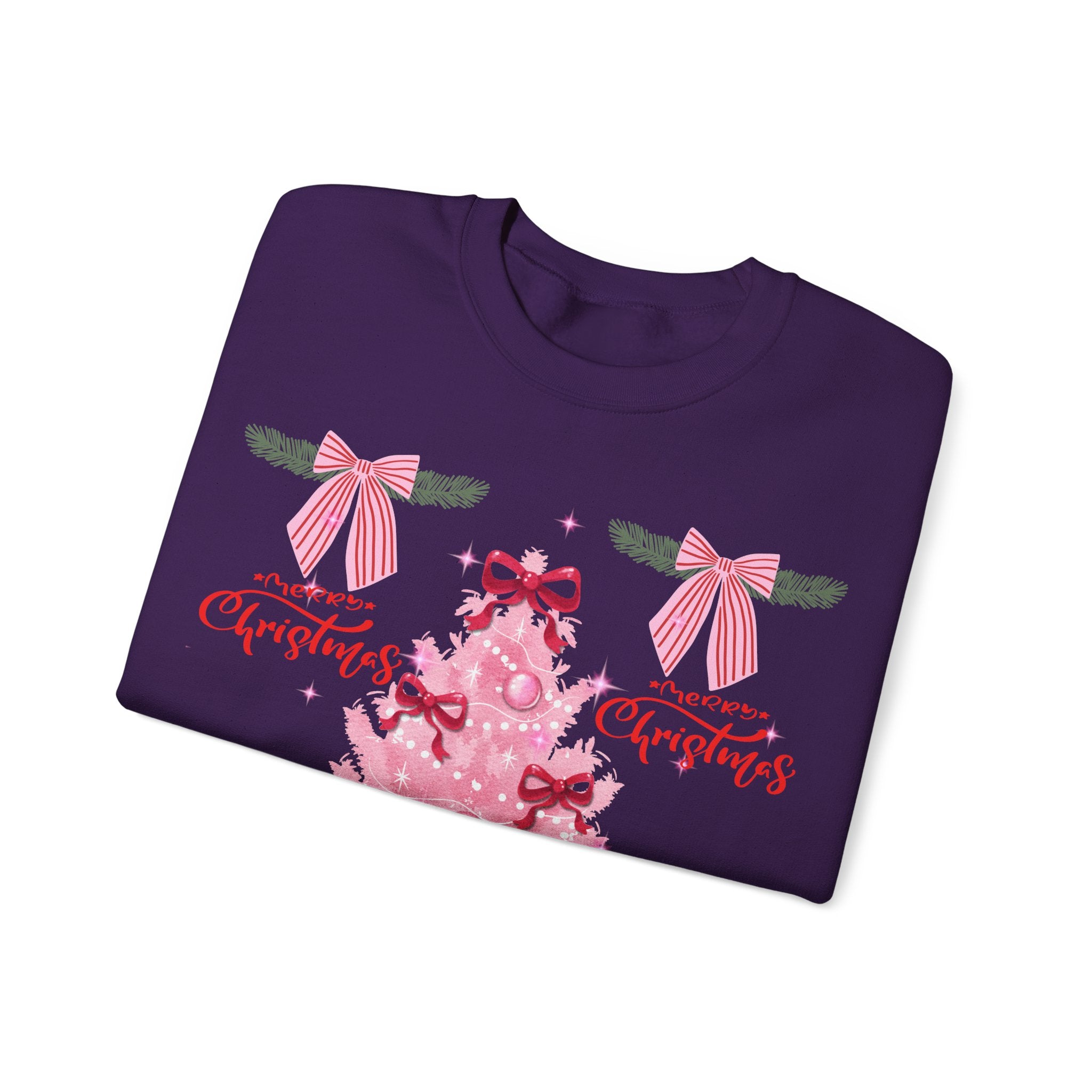 Pink Christmas Tree Sweatshirt — 'Merry Christmas' Bow Holiday Crewneck