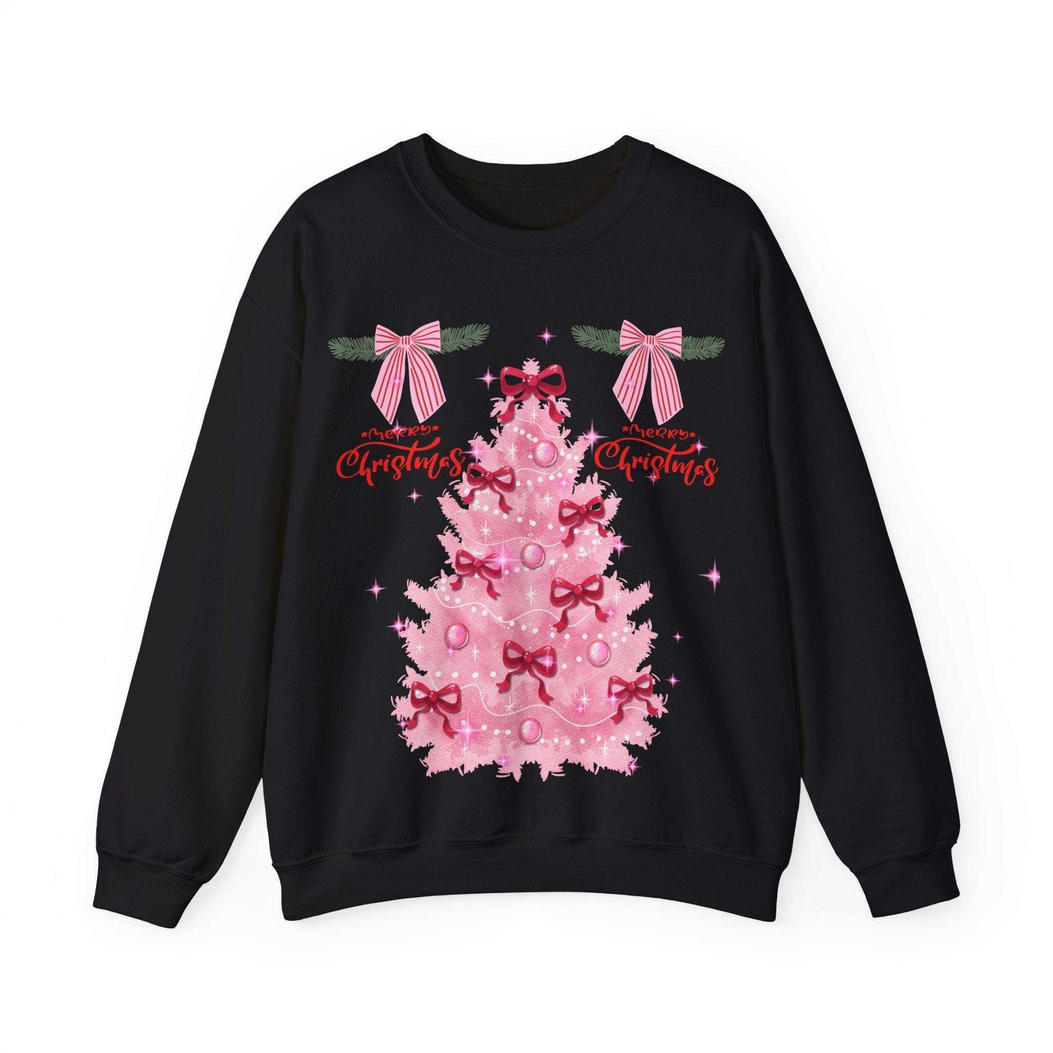 Pink Christmas Tree Sweatshirt — 'Merry Christmas' Bow Holiday Crewneck