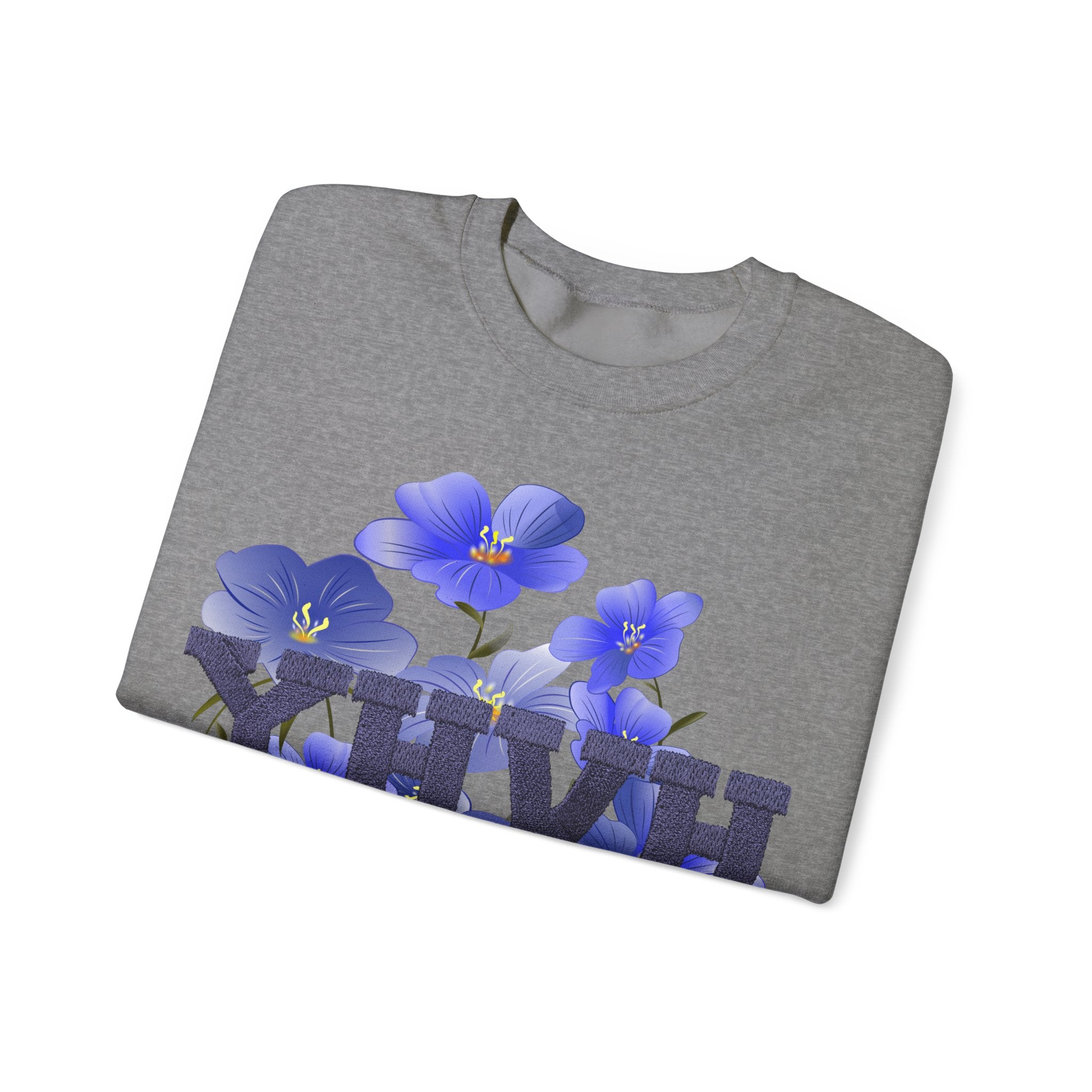 Crewneck Sweatshirt - Blue Violet Floral Graphic with 'KHVH' Lettering