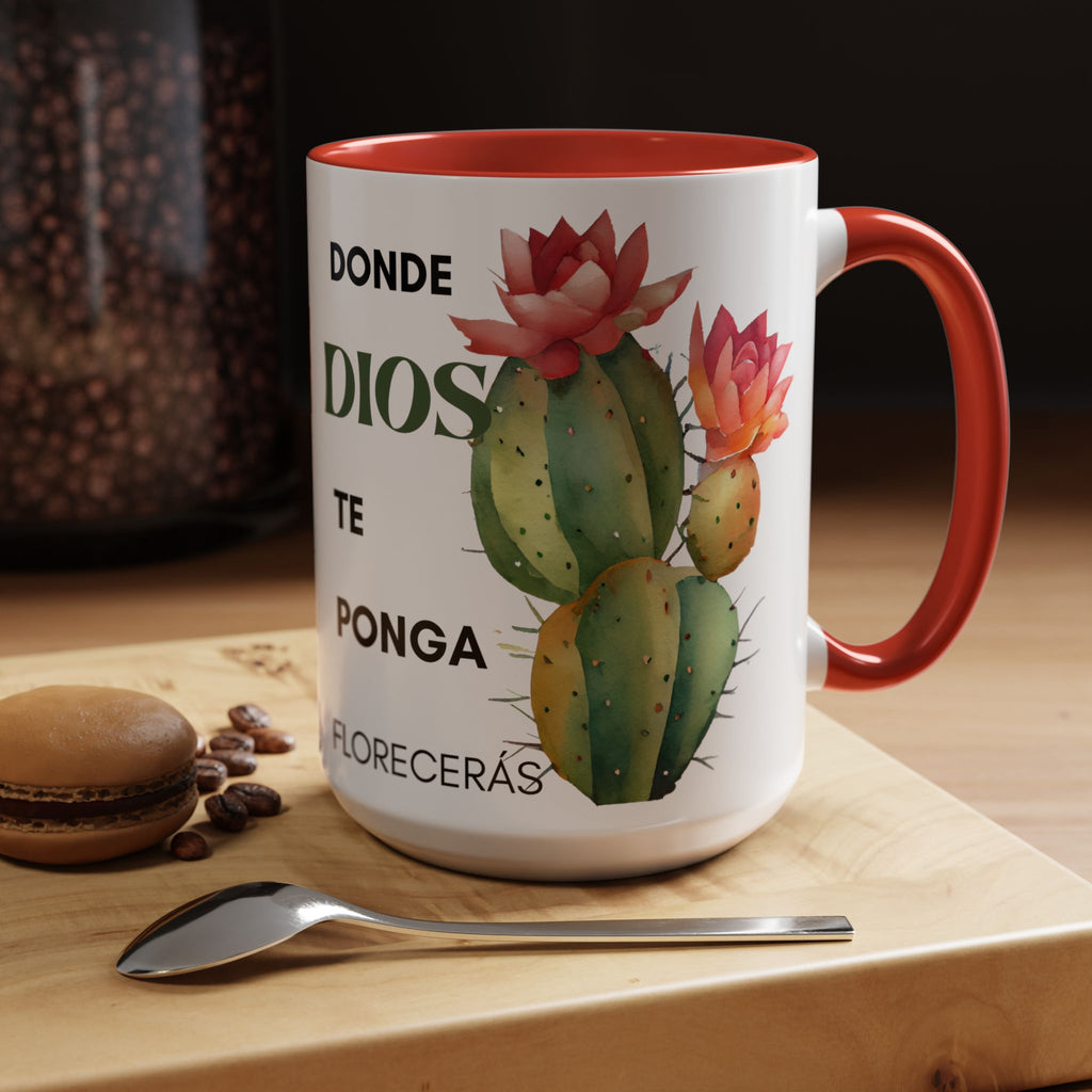 Cactus Floral Accent Coffee Mug – ‘Donde Dios Te Ponga Florecerás’ Spanish Inspirational Mug