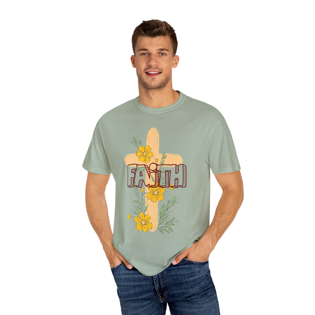 Faith Cross Floral T-Shirt — Christian Inspirational Tee with Yellow Flowers