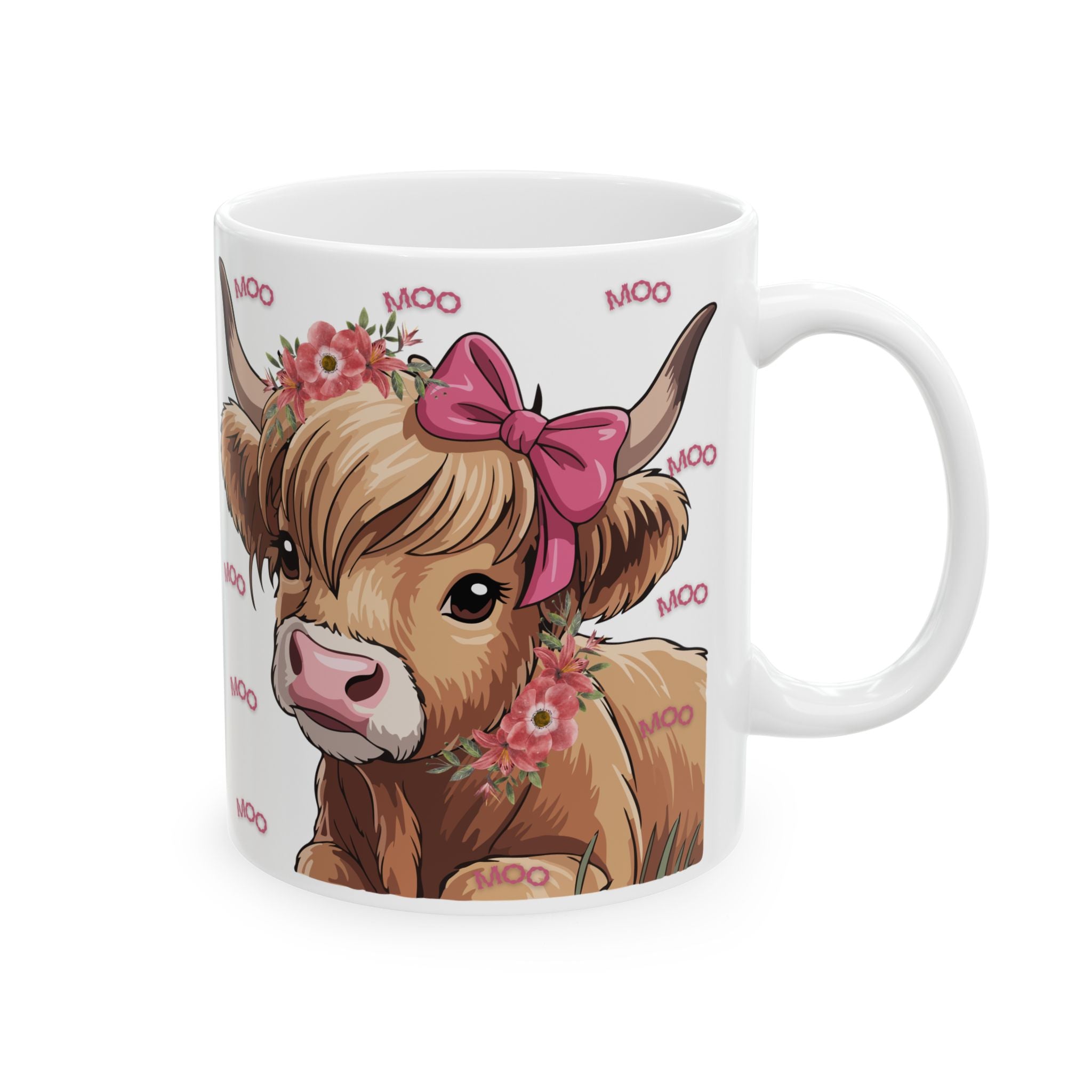 Highland Cow Ceramic Mug (11oz/15oz) — Cute Floral ‘Moo’ Cow Coffee Cup