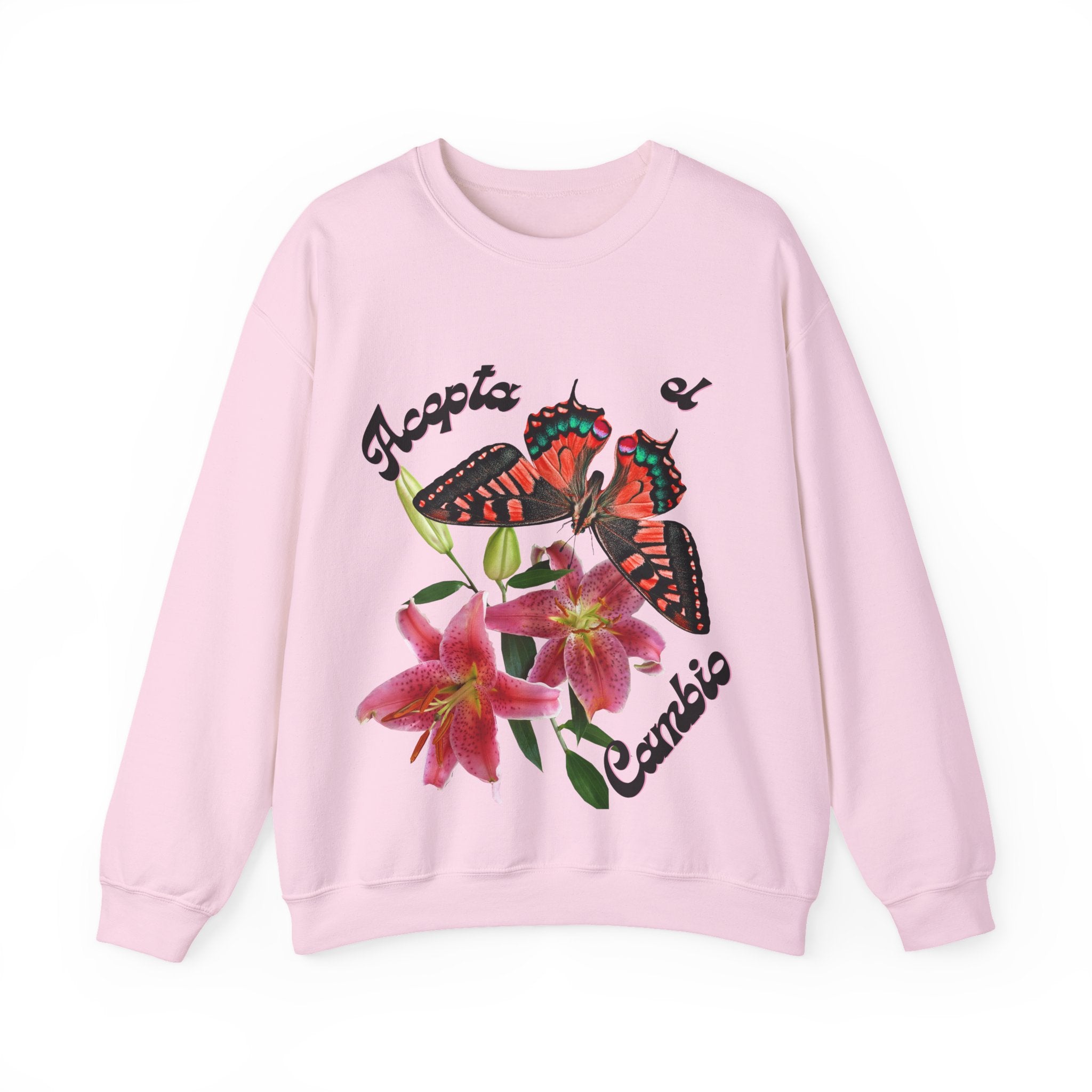 Butterfly & Floral Crewneck Sweatshirt - Accepta el Cambio, Cozy Fall Sweater, Gift for Nature Lovers, Inspirational Apparel, Unisex Fashion