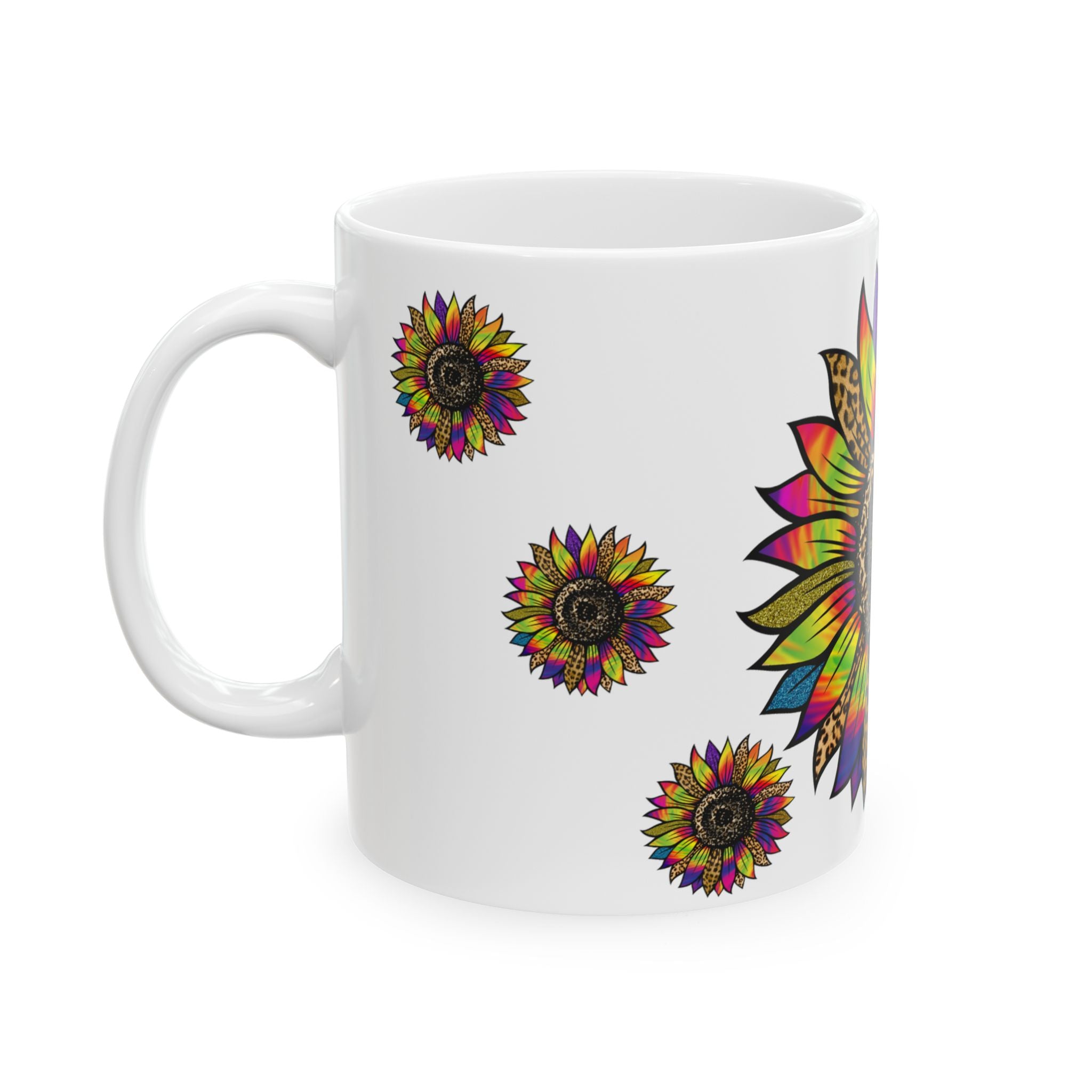 Rainbow Leopard Sunflower Ceramic Mug — Colorful Floral Coffee Cup (11oz, 15oz)