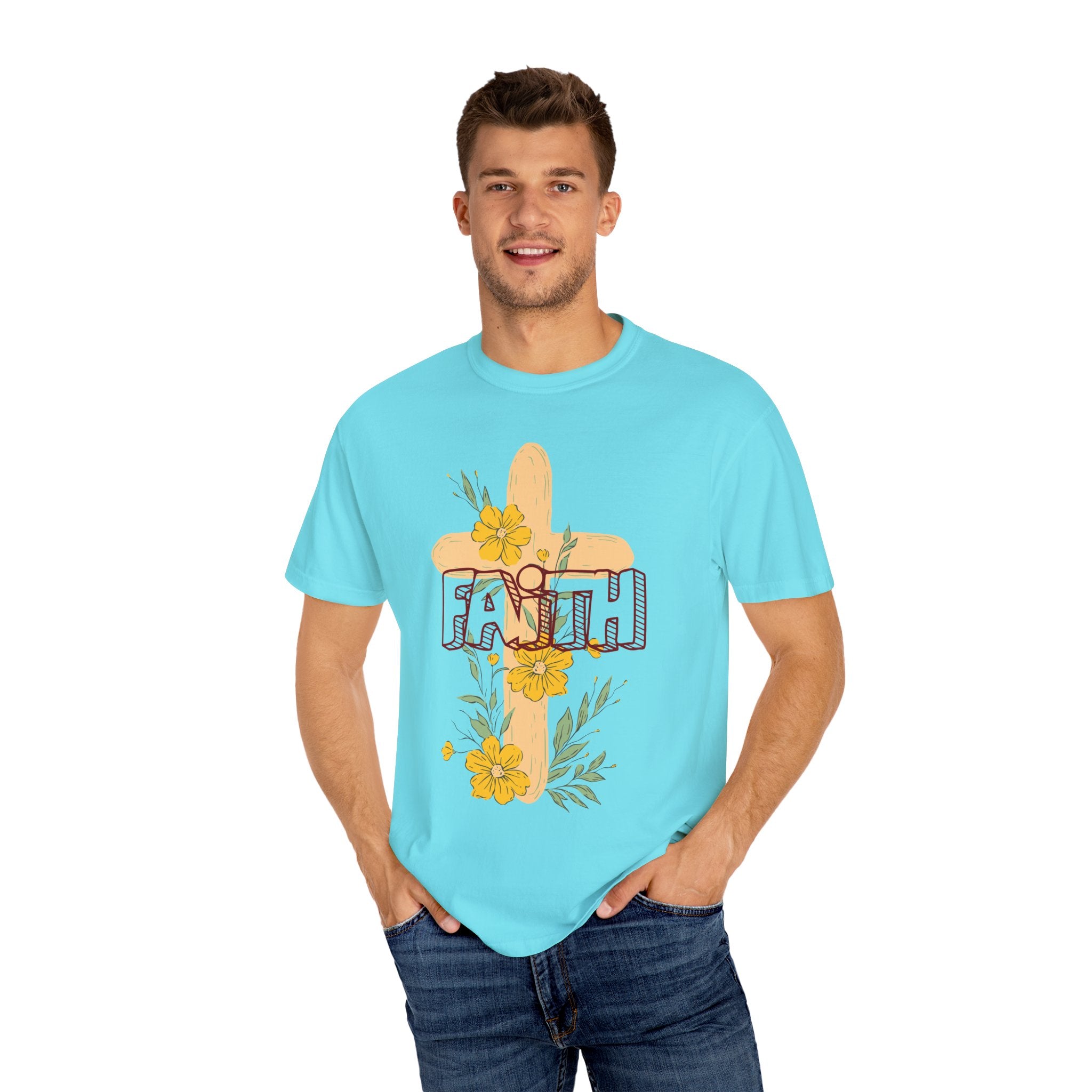 Faith Cross Floral T-Shirt — Christian Inspirational Tee with Yellow Flowers