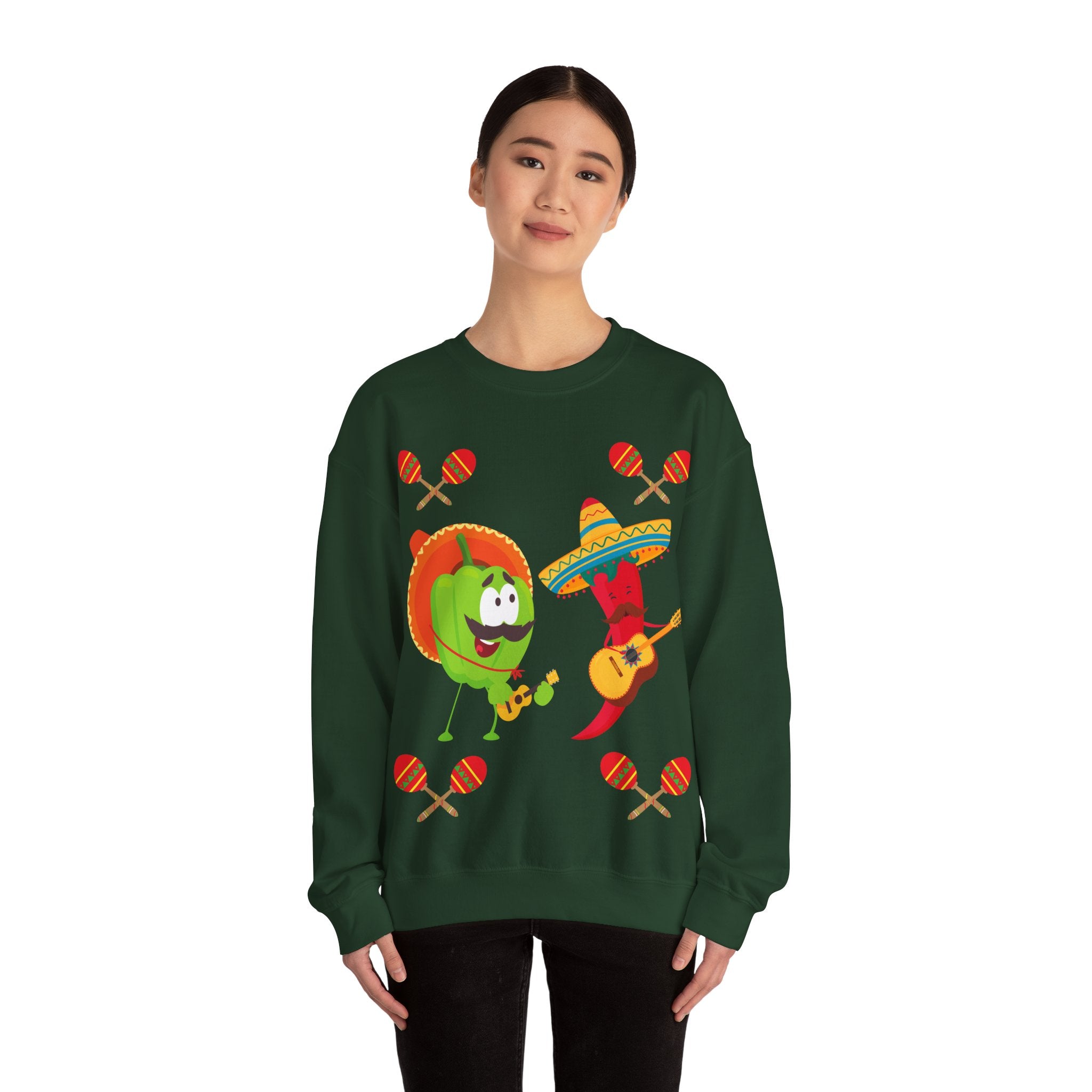 Fiesta Friends Sweatshirt — Cute Chili & Avocado with Sombreros, Maracas & Guitar