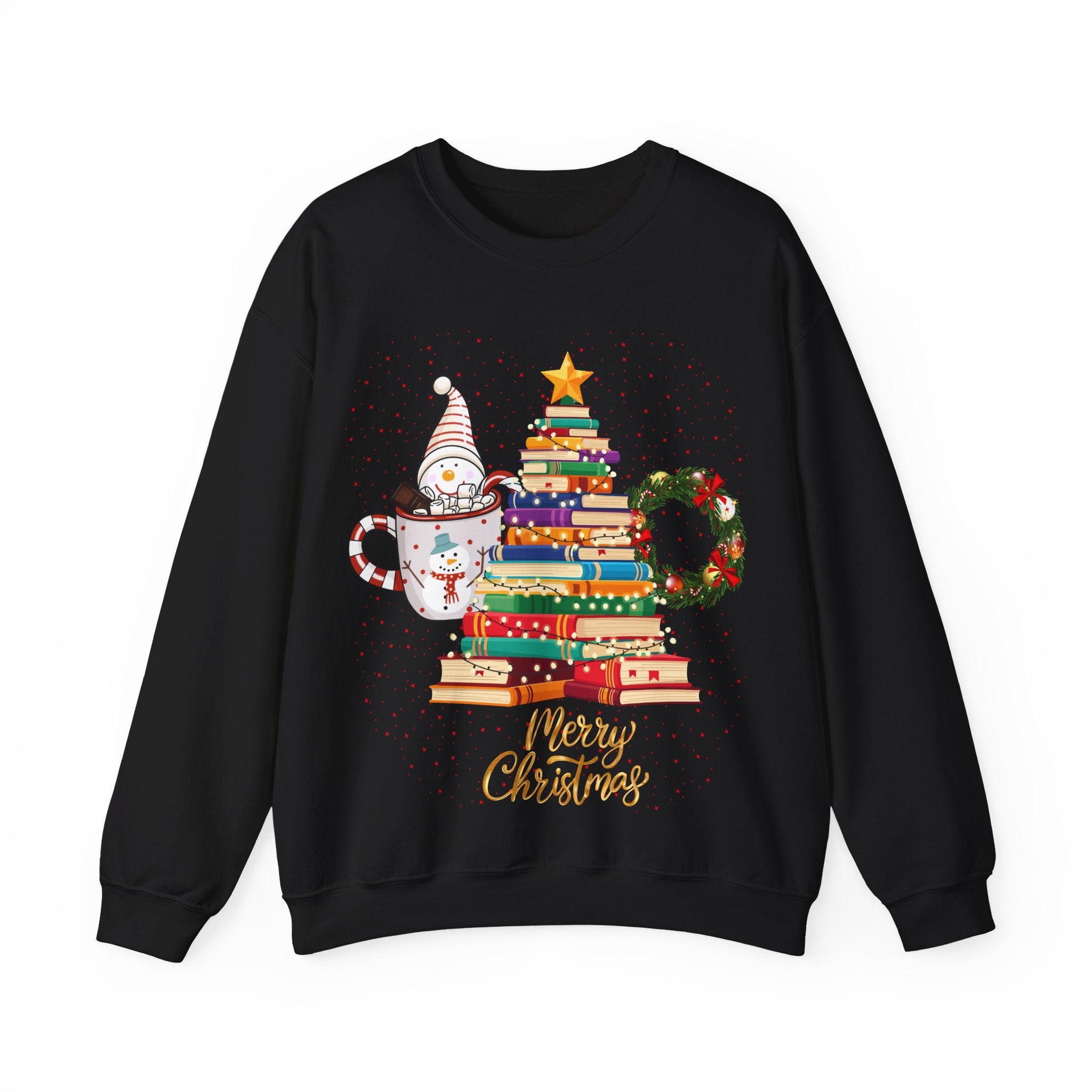 Merry Christmas Book Tree & Cat Crewneck Sweatshirt