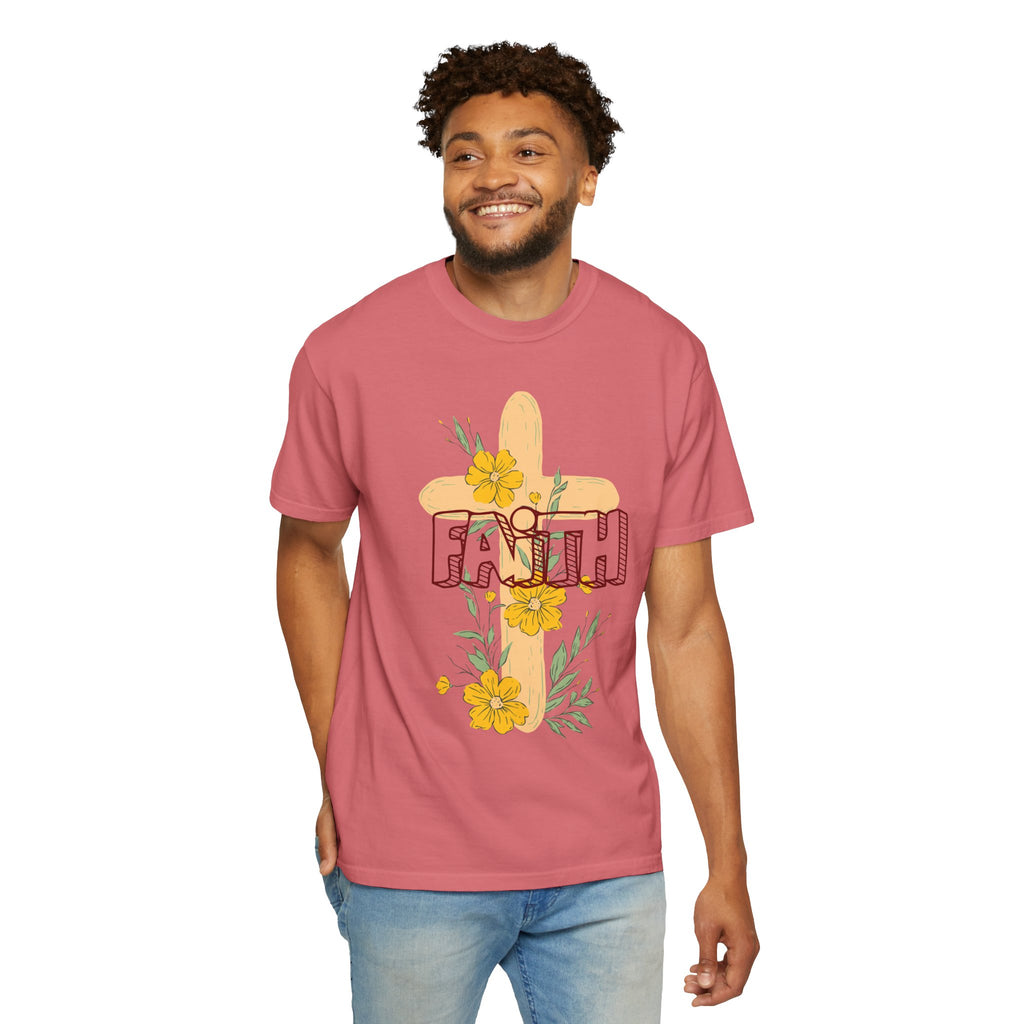Faith Cross Floral T-Shirt — Christian Inspirational Tee with Yellow Flowers