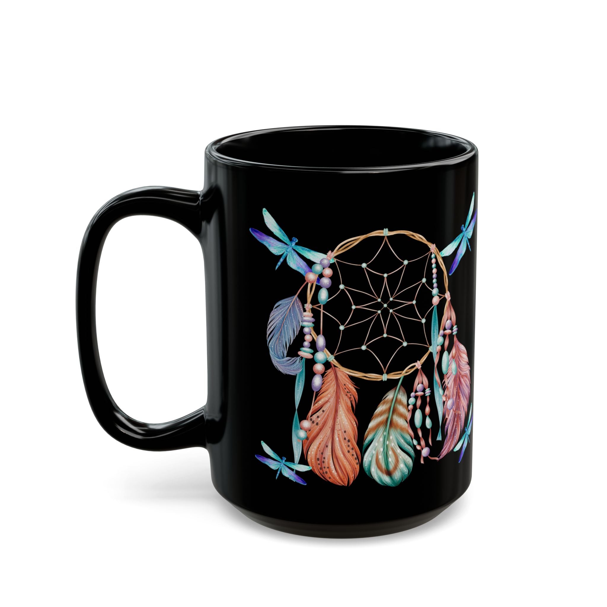 Dreamcatcher Black Mug — Boho Feather & Dragonfly Coffee Cup (11oz/15oz)