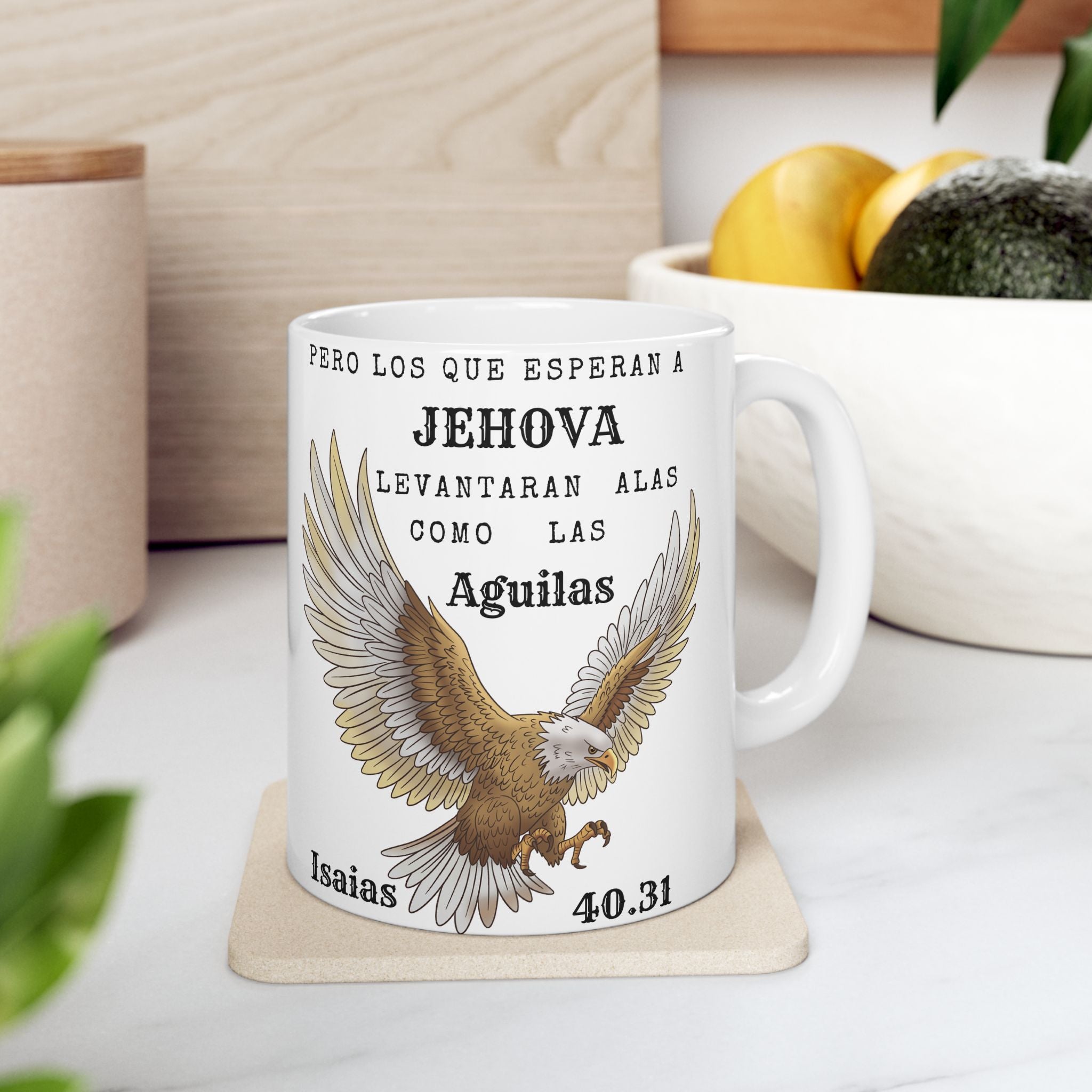 Ceramic Mug — Spanish Bible Verse Isaiah 40:31 with Golden Eagle Design (11oz & 15oz)