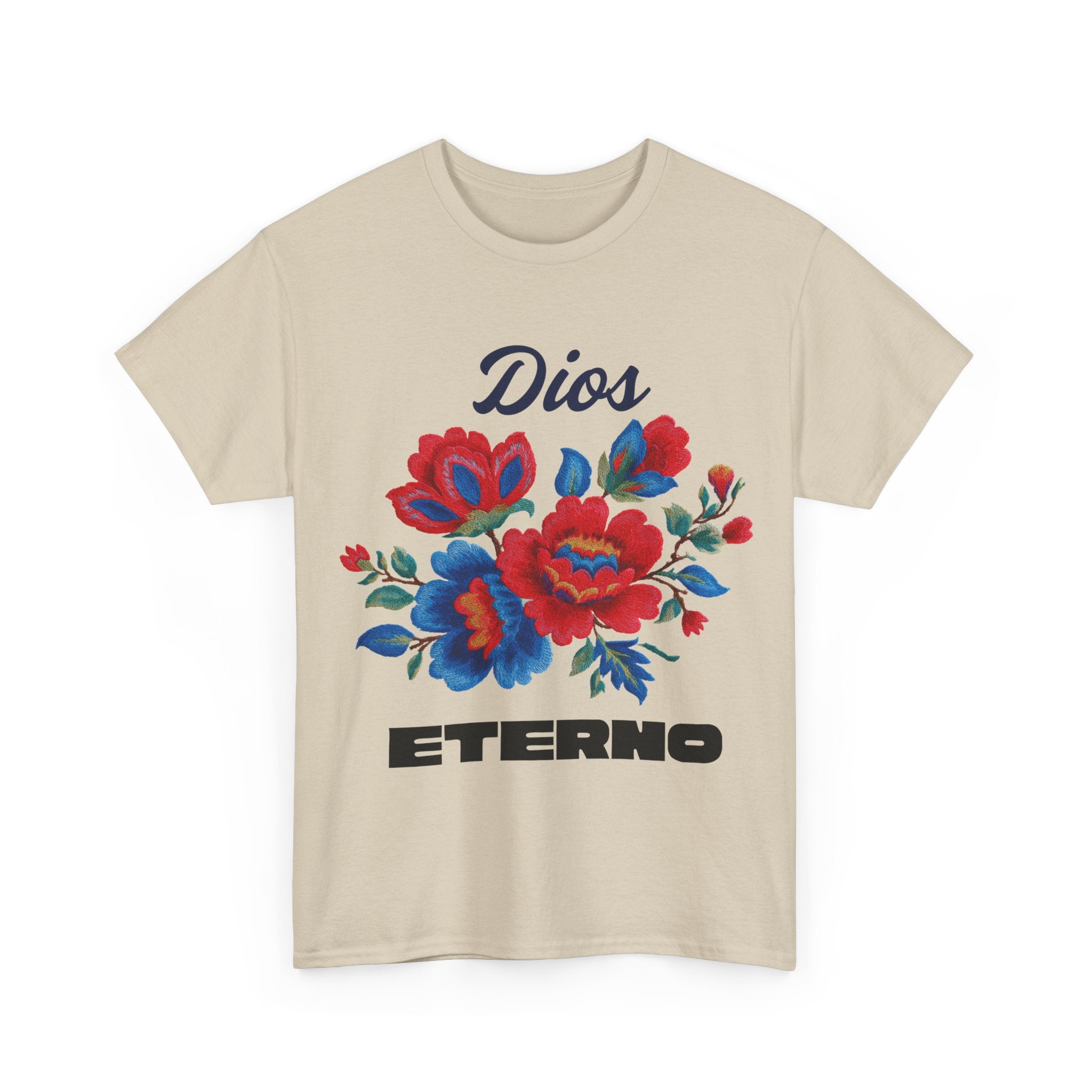 Dios Eterno Floral T-Shirt — Spanish Faith Tee with Red & Blue Blooms