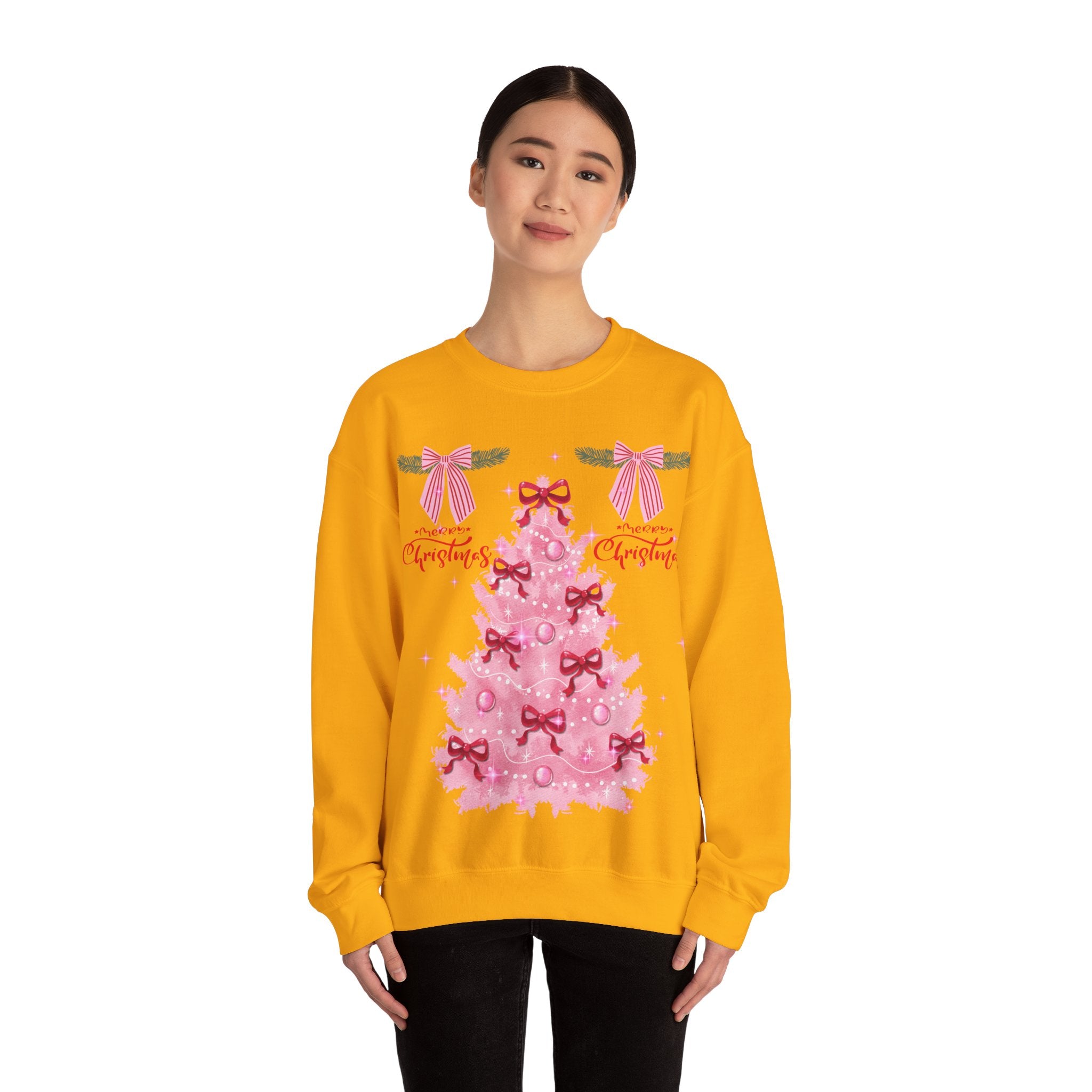 Pink Christmas Tree Sweatshirt — 'Merry Christmas' Bow Holiday Crewneck