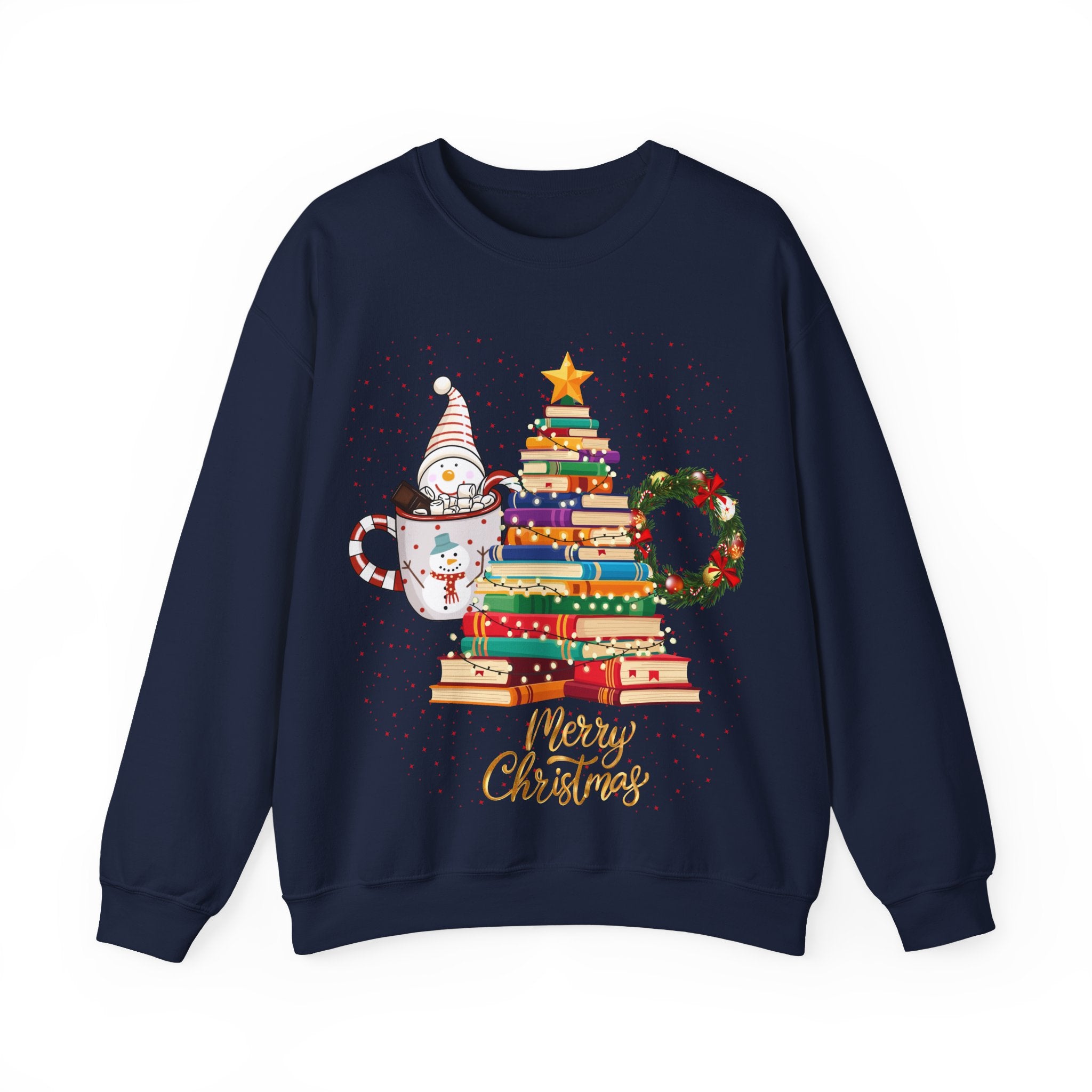 Merry Christmas Book Tree & Cat Crewneck Sweatshirt
