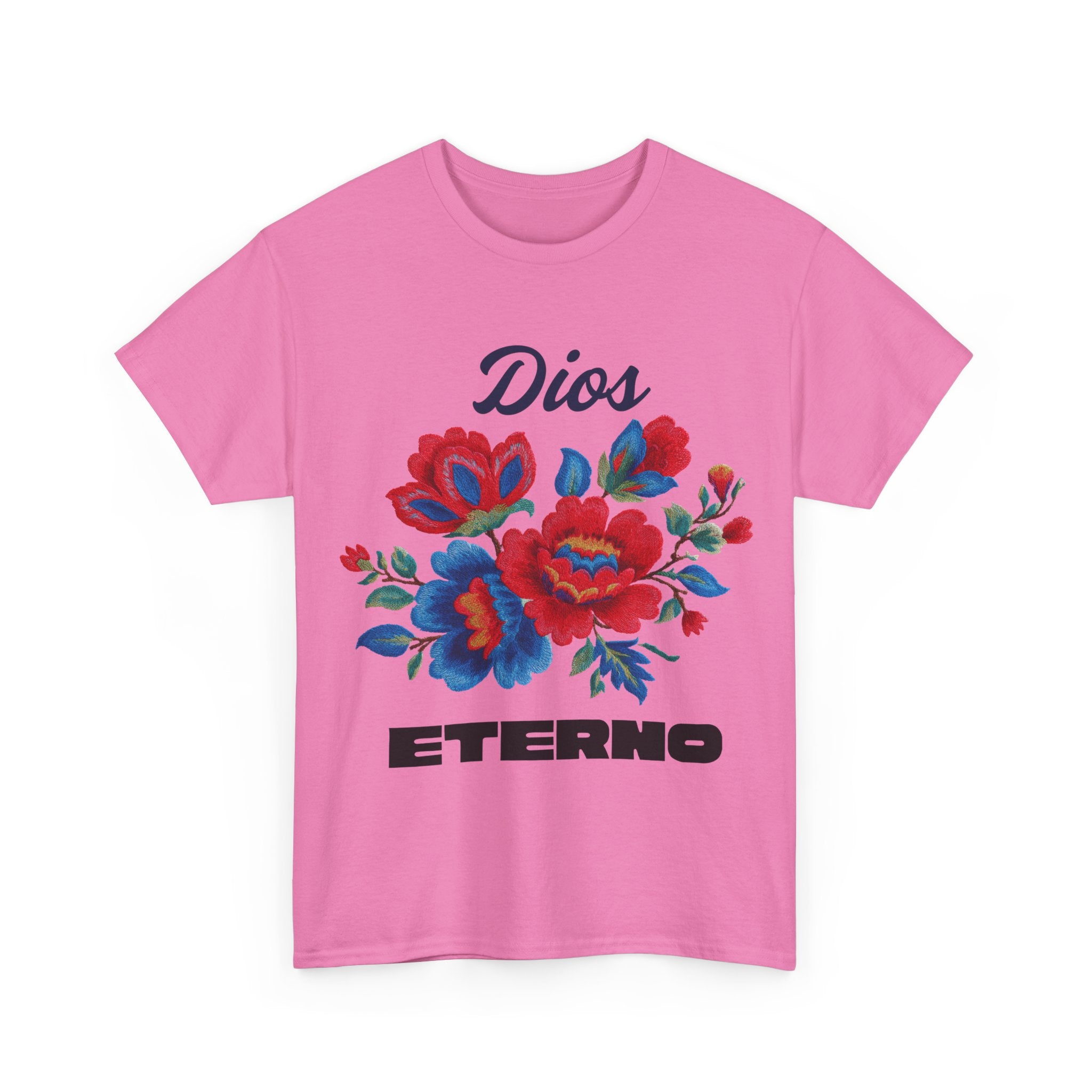Dios Eterno Floral T-Shirt — Spanish Faith Tee with Red & Blue Blooms