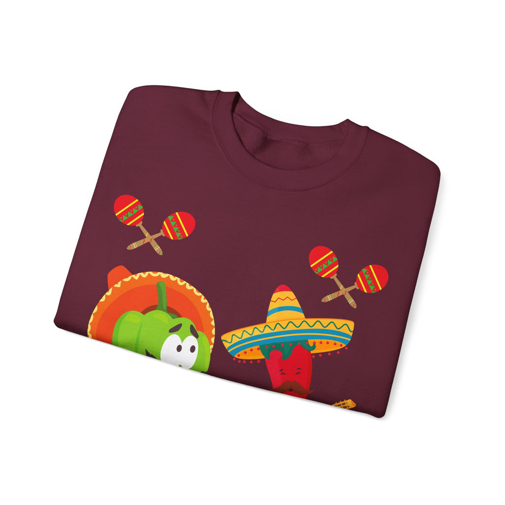 Fiesta Friends Sweatshirt — Cute Chili & Avocado with Sombreros, Maracas & Guitar