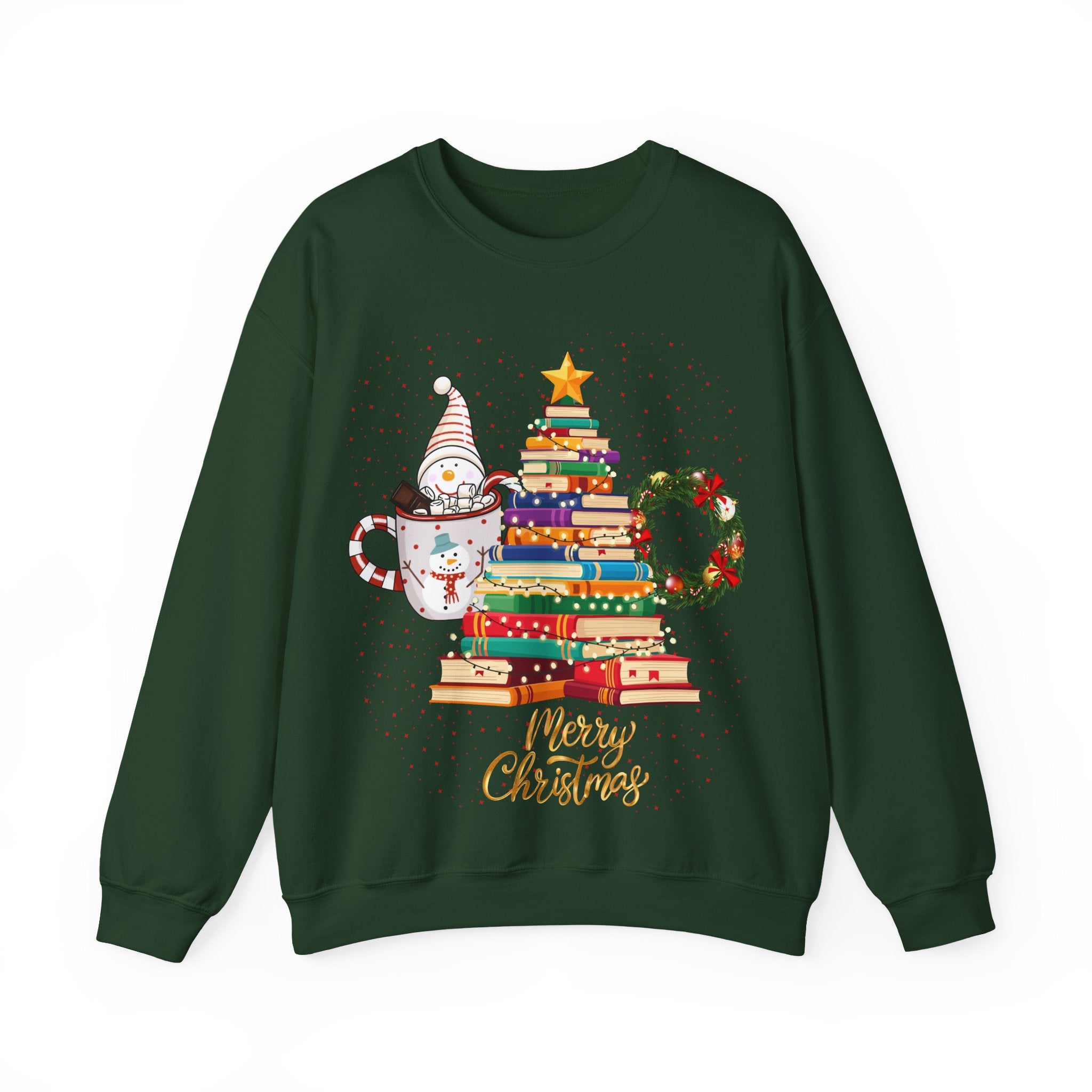 Merry Christmas Book Tree & Cat Crewneck Sweatshirt