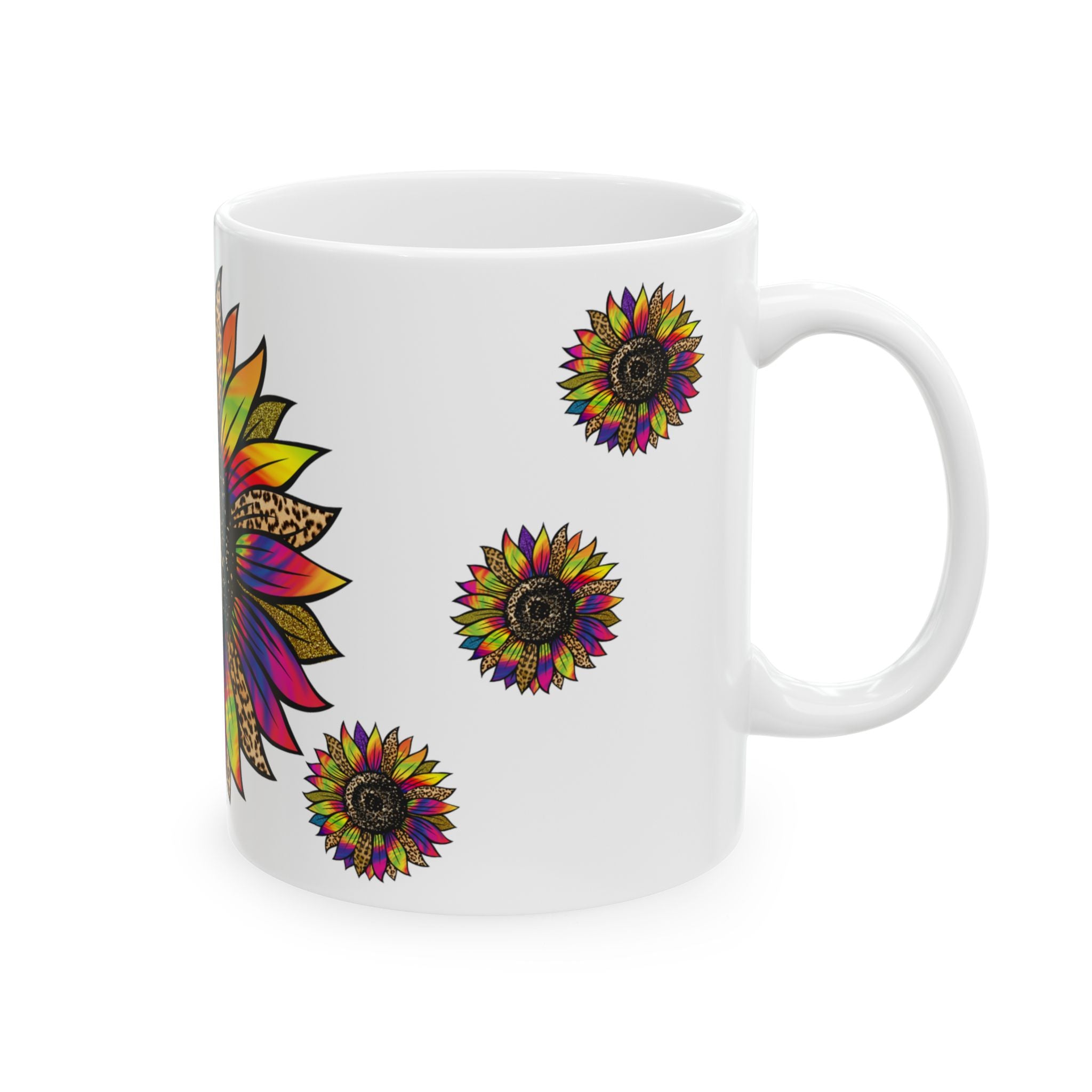 Rainbow Leopard Sunflower Ceramic Mug — Colorful Floral Coffee Cup (11oz, 15oz)